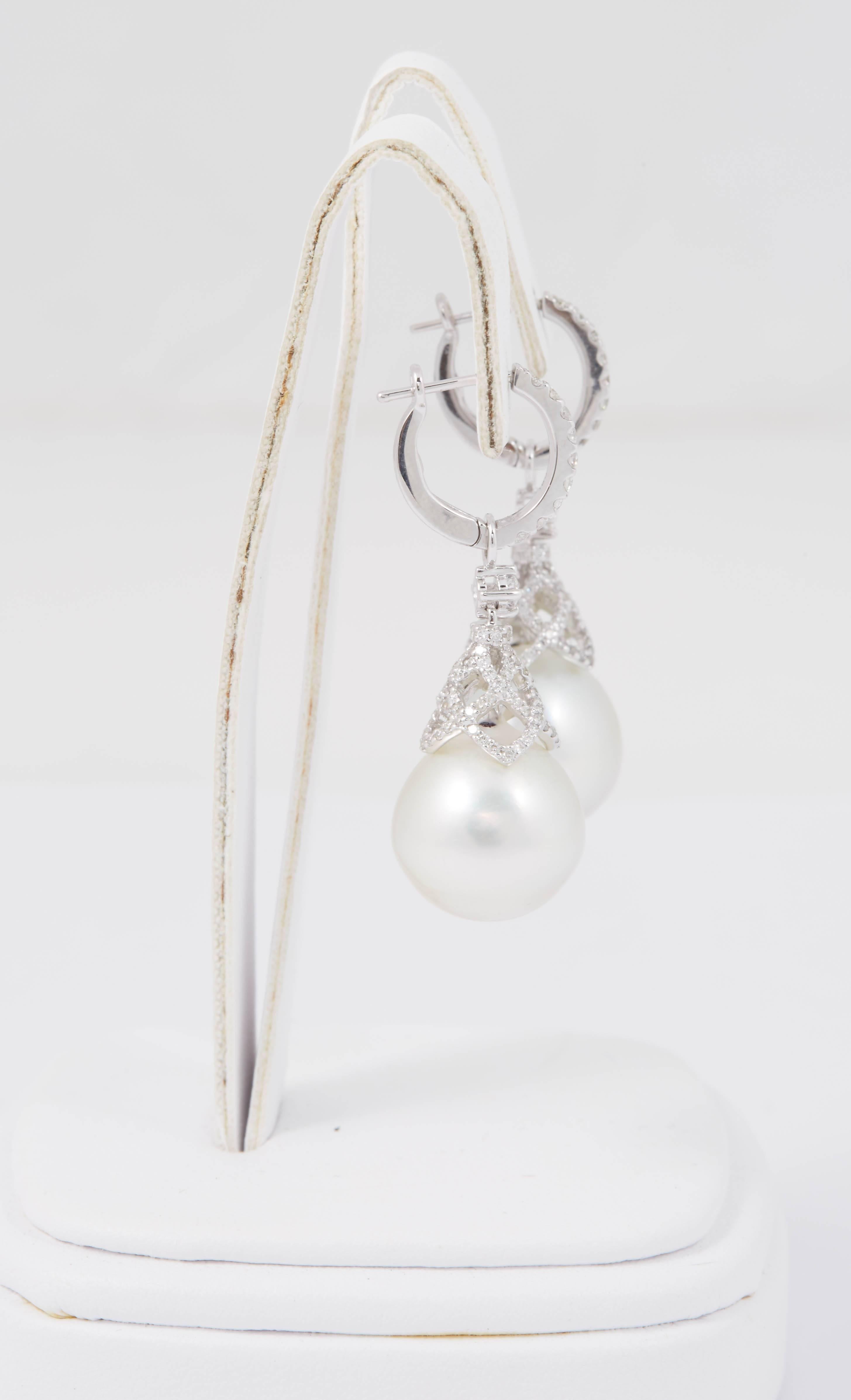 Round Cut HARBOR D. South Sea Pearls Diamonds White Gold Hoop Dangle Bell Shape Earrings  For Sale