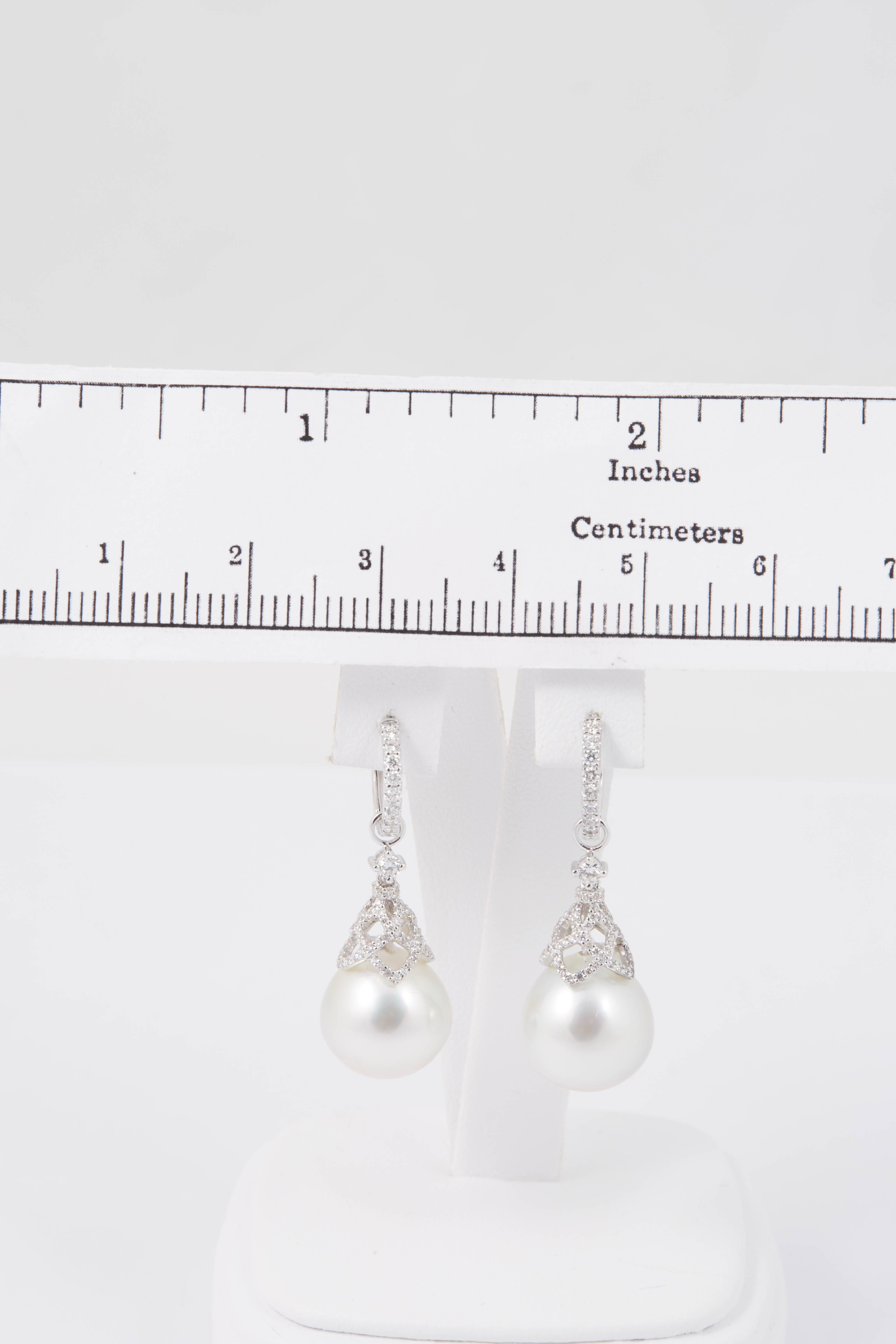 Women's HARBOR D. South Sea Pearls Diamonds White Gold Hoop Dangle Bell Shape Earrings  For Sale