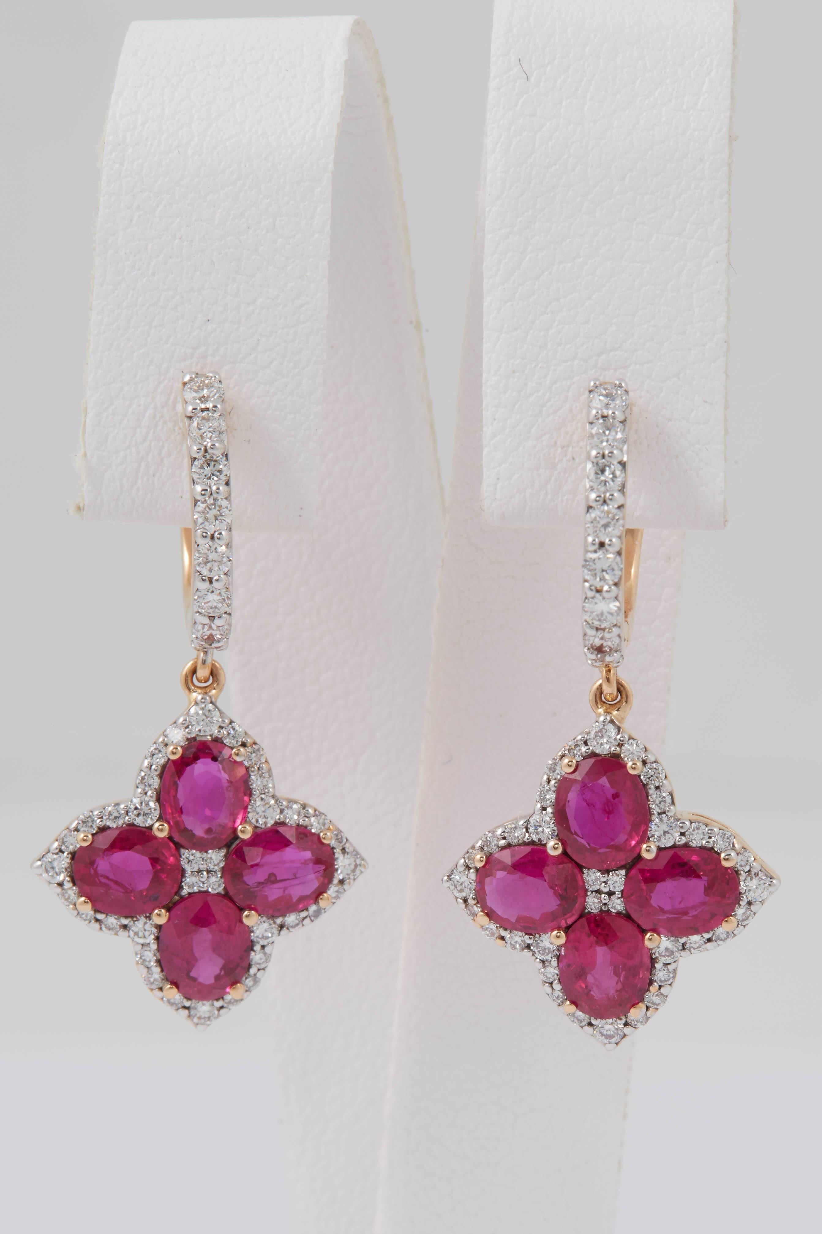 Contemporary Ruby Diamond Rose Gold Dangle Earrings