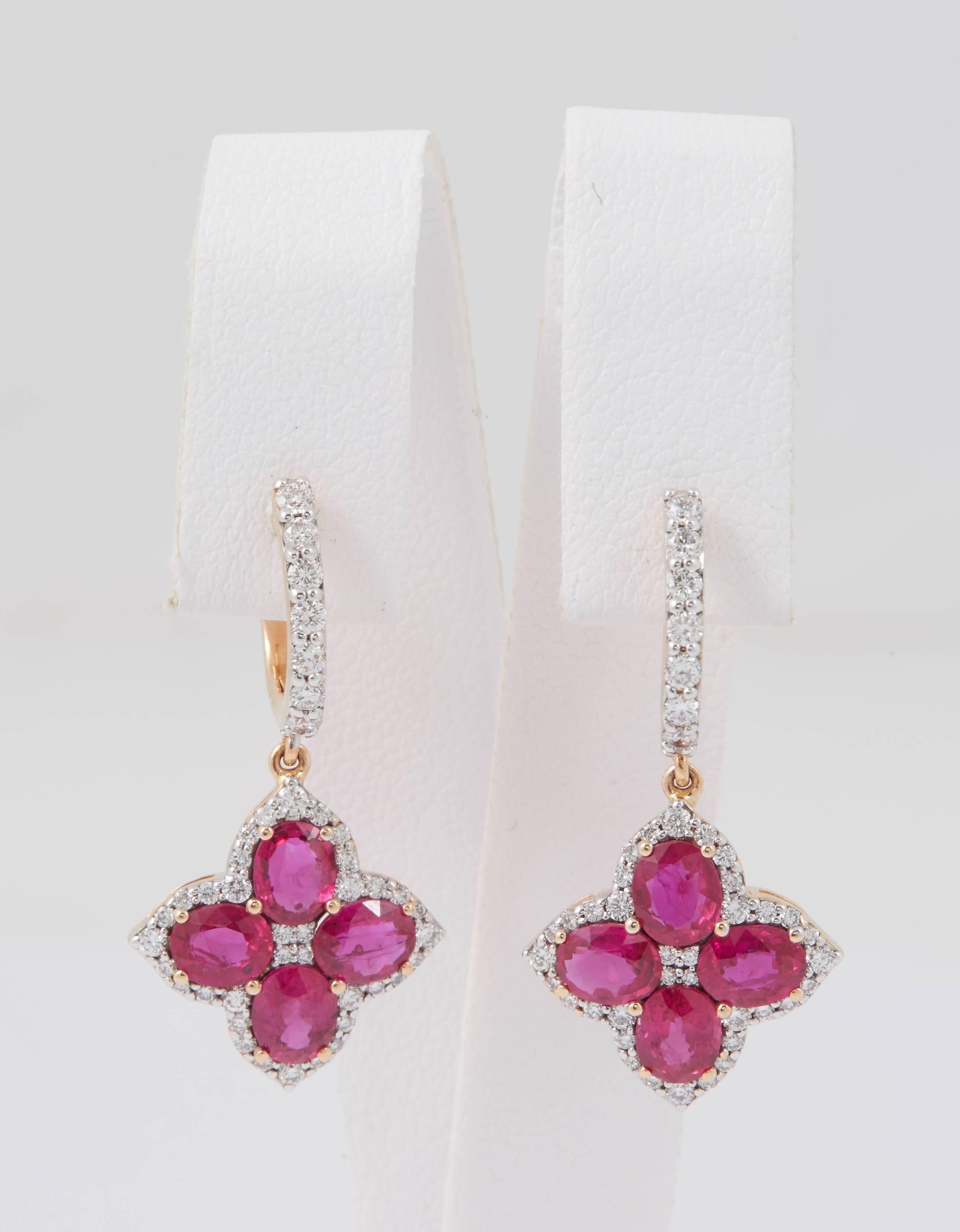Ruby Diamond Rose Gold Dangle Earrings In New Condition In New York, NY