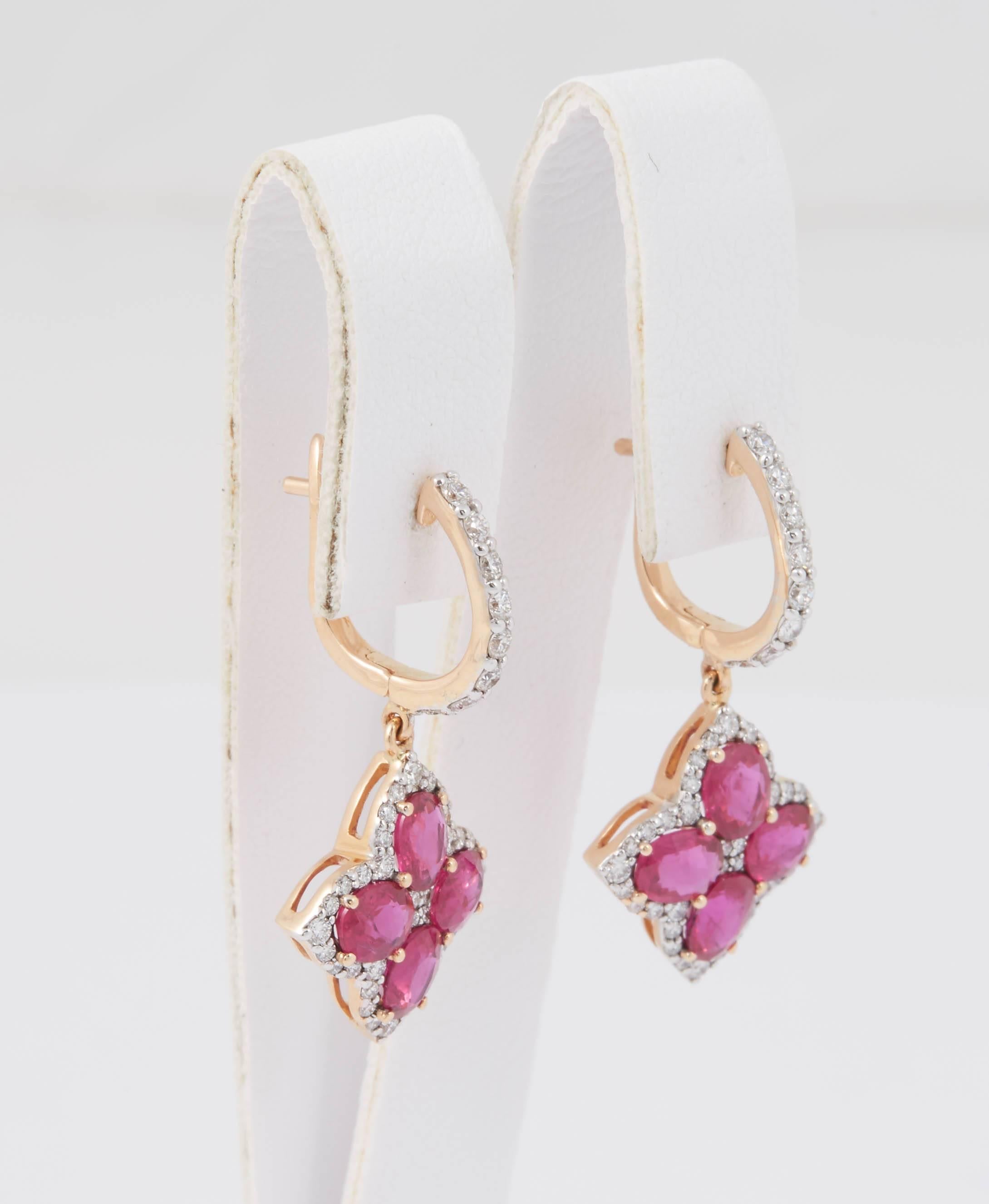 Women's Ruby Diamond Rose Gold Dangle Earrings