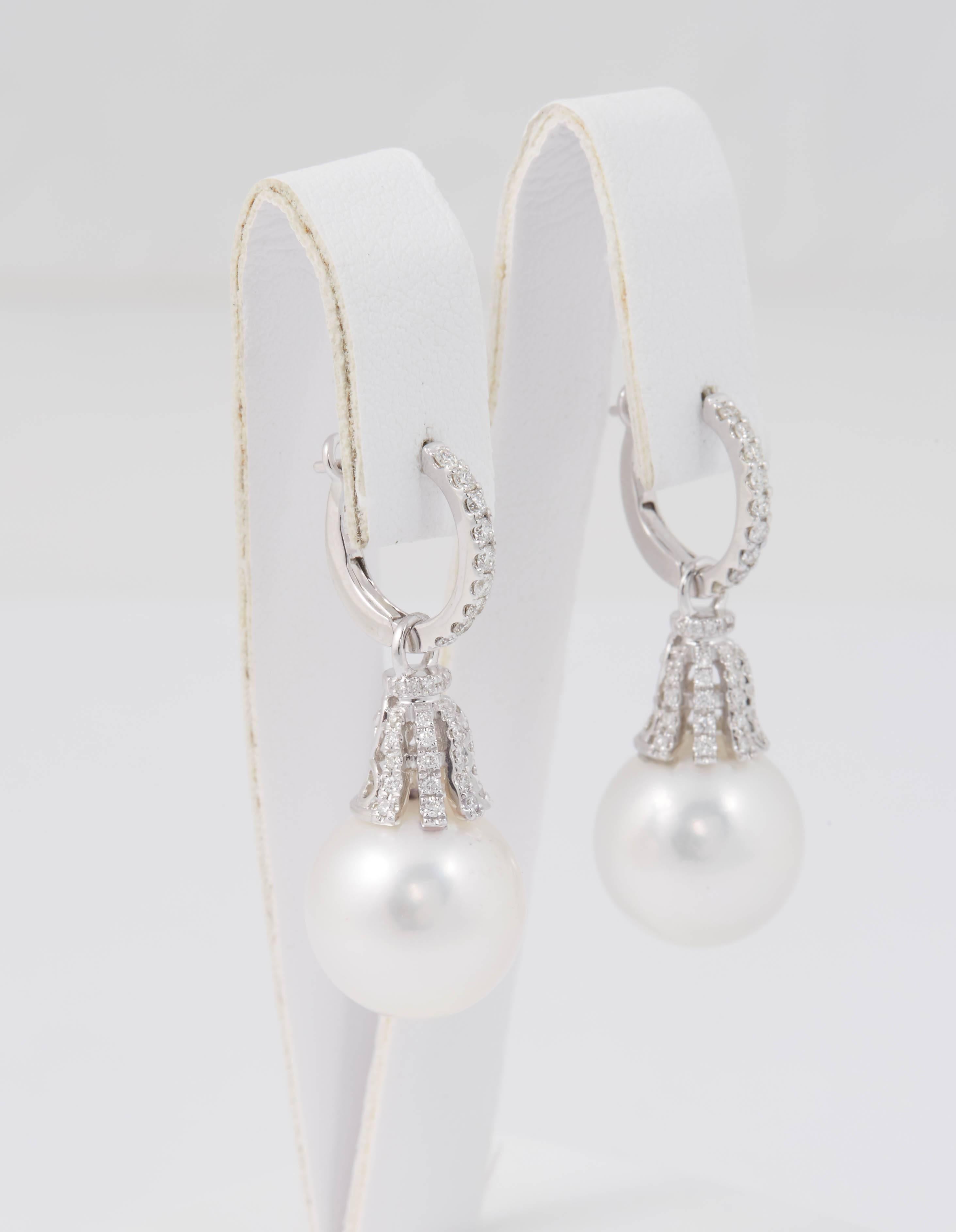Contemporary Diamond Hoop and South Sea Bell Shape Dangle Earrings