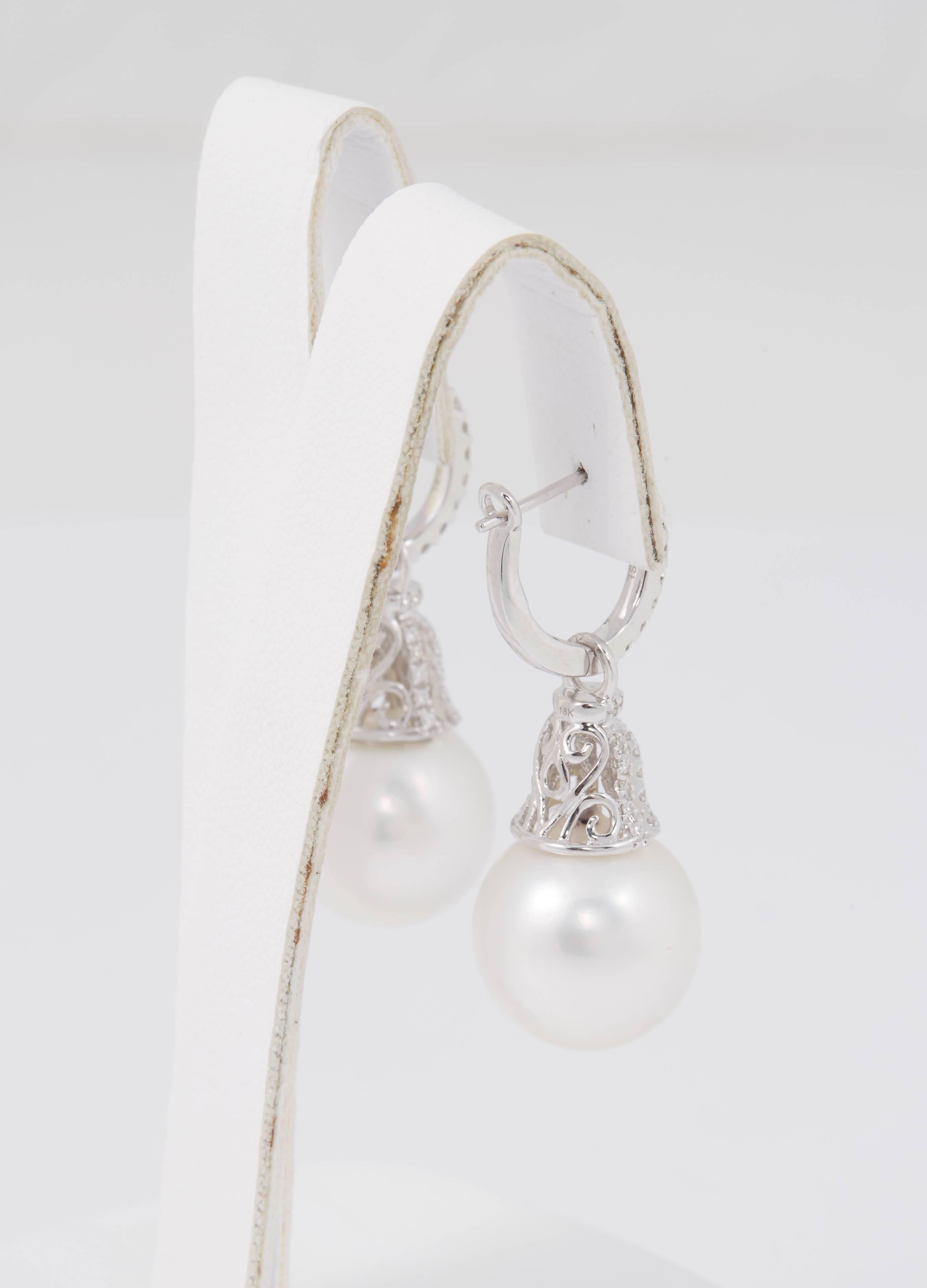 Diamond Hoop and South Sea Bell Shape Dangle Earrings In New Condition In New York, NY