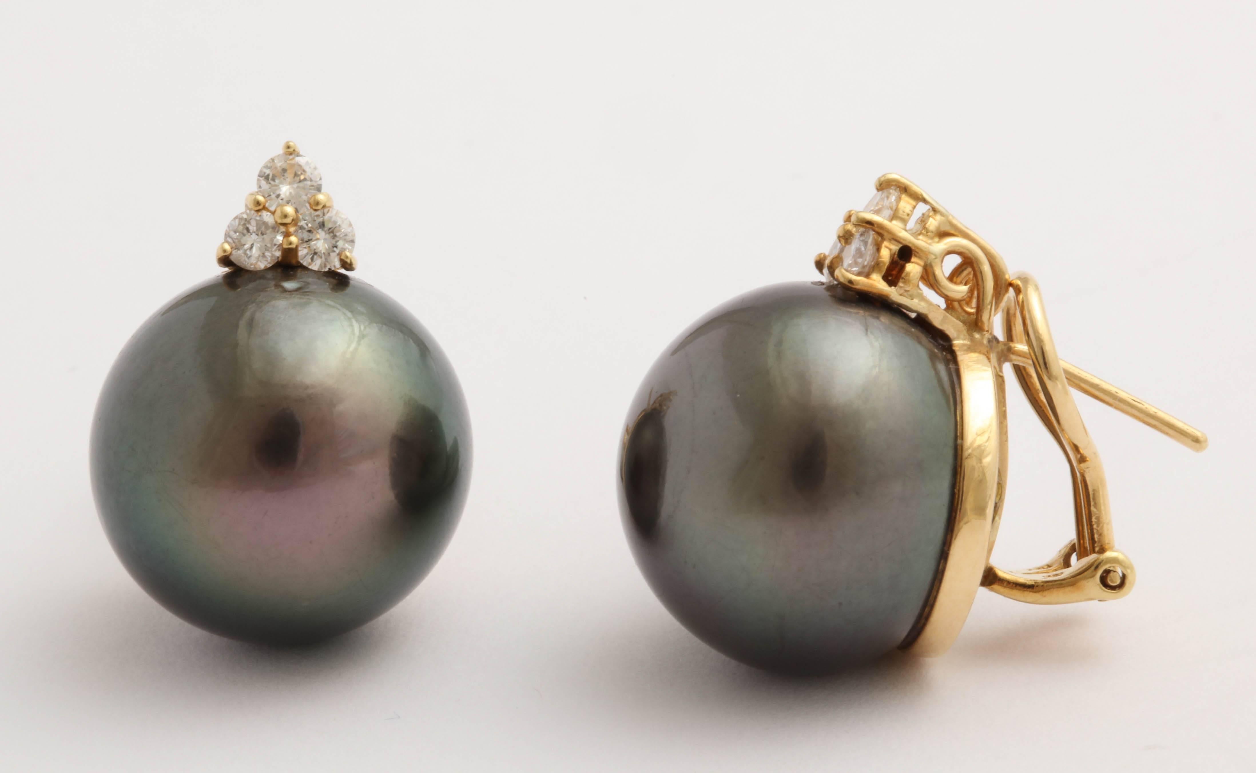 Pair of 18mm South Sea  Gray Pearls set in 18kt Yellow Gold and capped by 3 full cut Diamond in a foliate Setting sitting atop each Pearl.  Earring is set with an Omega Back and a post which can be removed.  Great look!  Clean and with a lovely