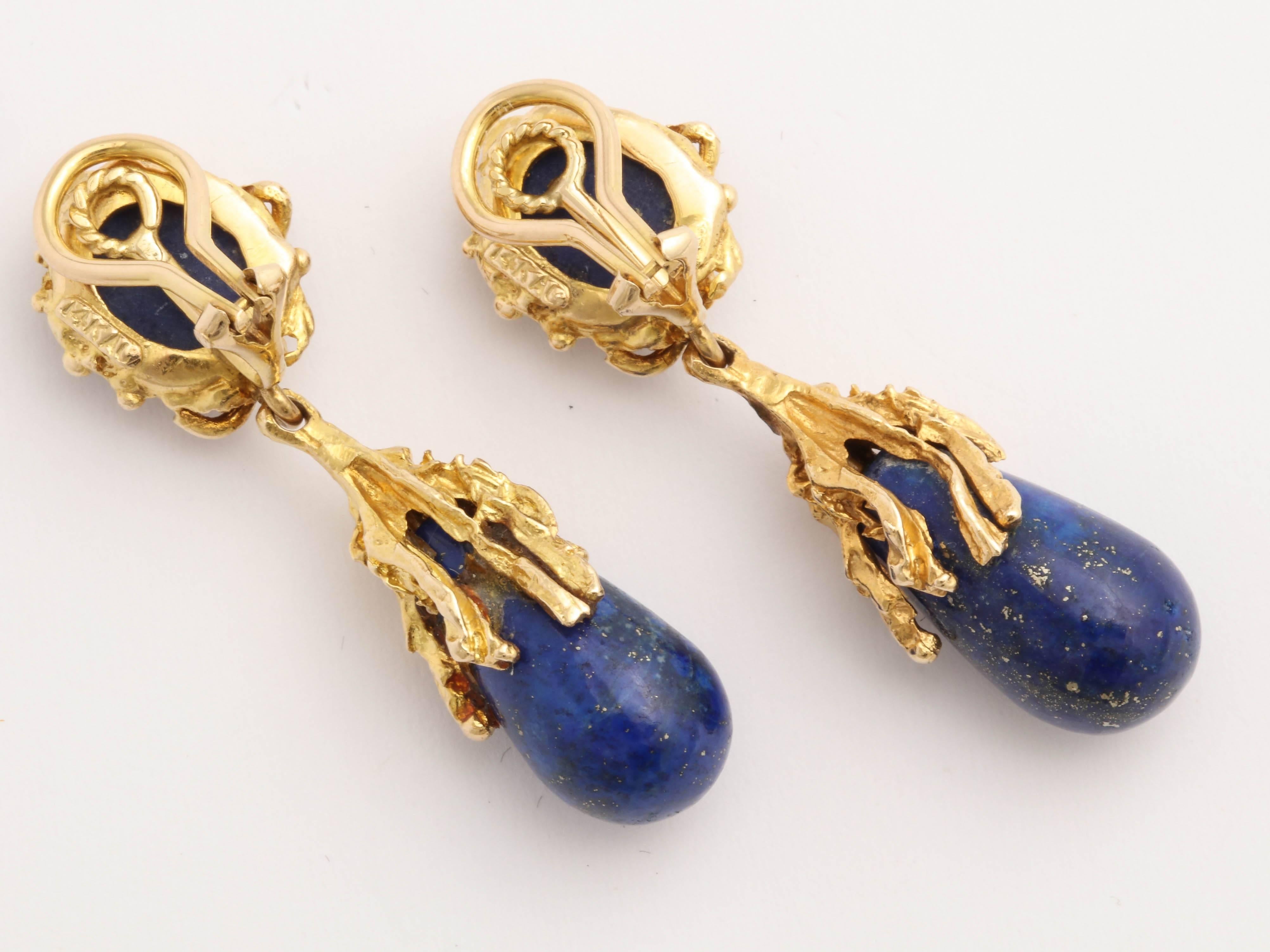 Arts and Crafts Russian Lapis Gold Drop Earrings