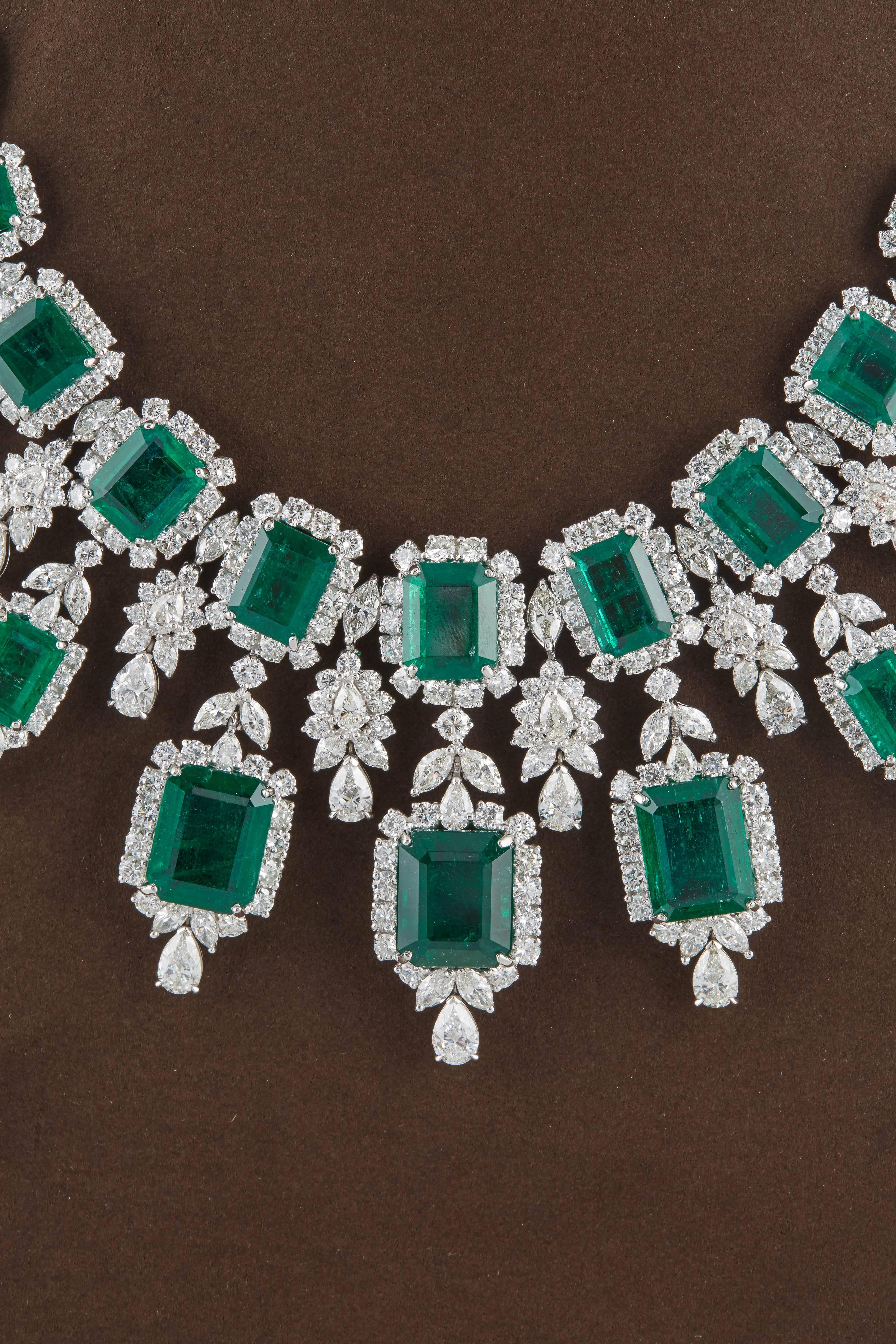 

An AMAZING piece!

137.60 carats of Fine Green Emeralds 

87.80 carats of white round brilliant, pear and marquise diamonds. 

Platinum

The middle drop measures approximately 2.3 inches from top to bottom. 

An incredible necklace comprised of