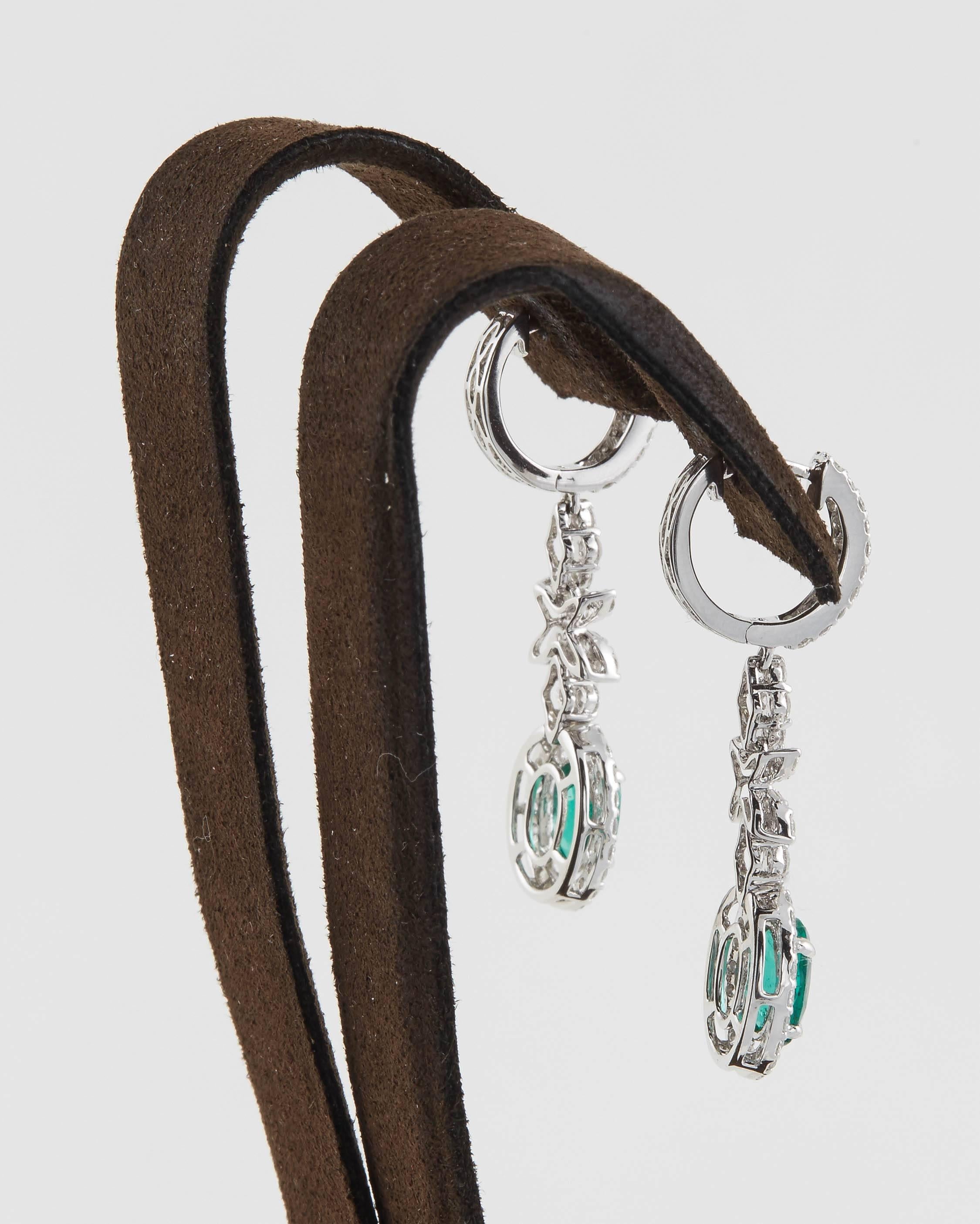 Women's or Men's Green Emerald and Diamond Drop Earrings