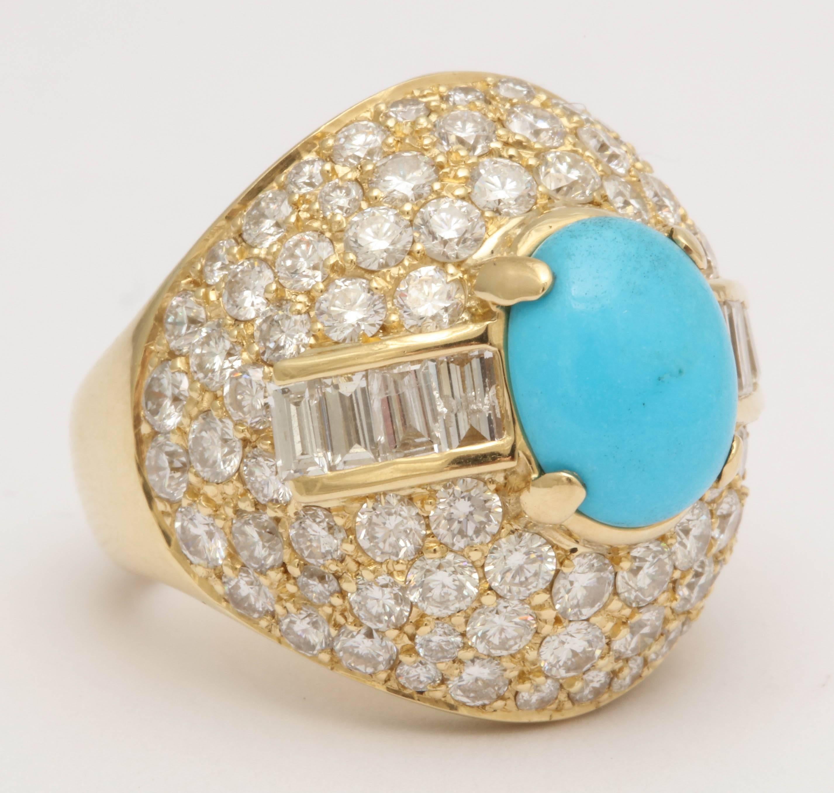 1980s Elegant Cabochon Turquoise Diamond Gold Large Cocktail Ring In Good Condition In New York, NY