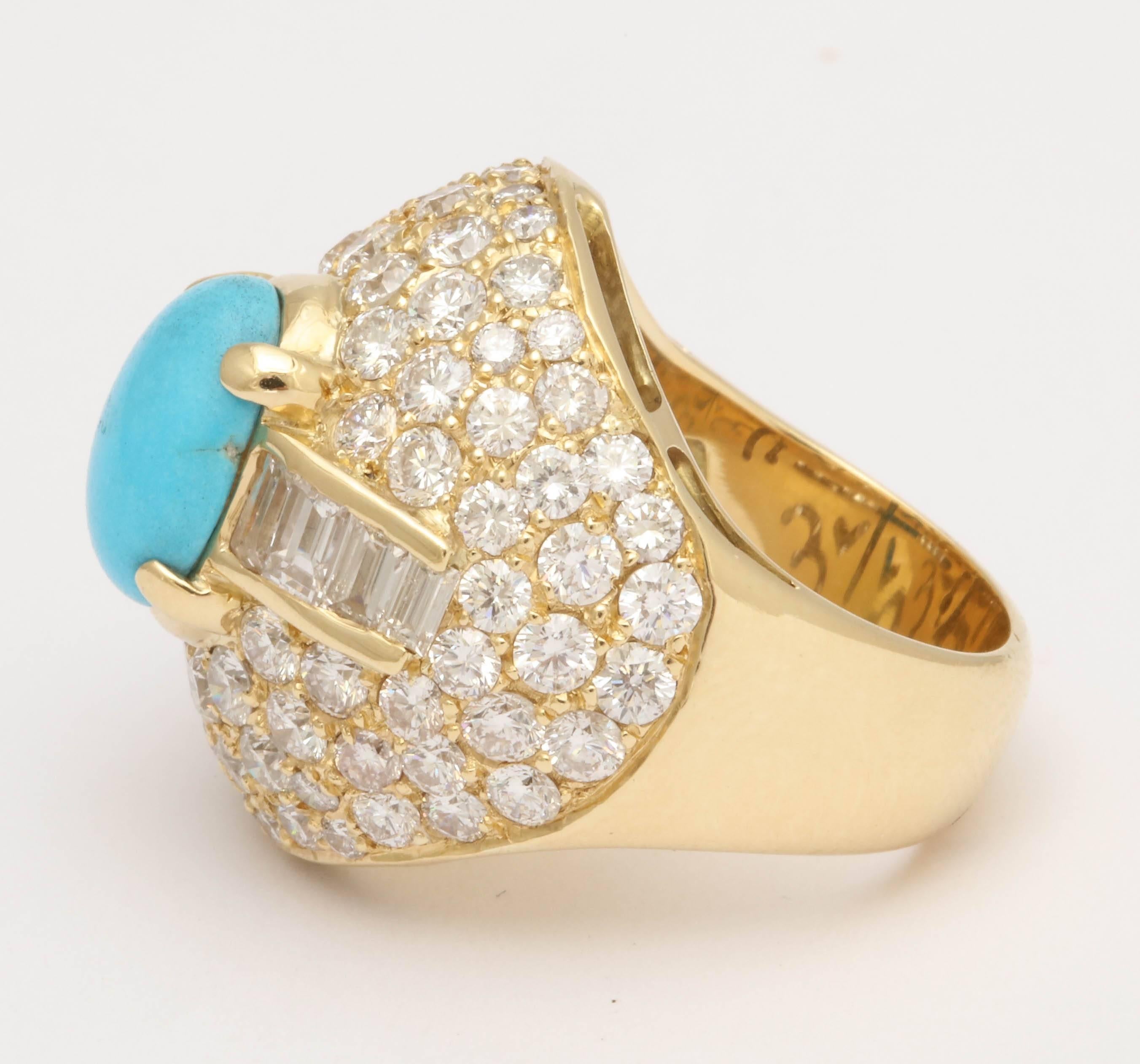 Women's 1980s Elegant Cabochon Turquoise Diamond Gold Large Cocktail Ring