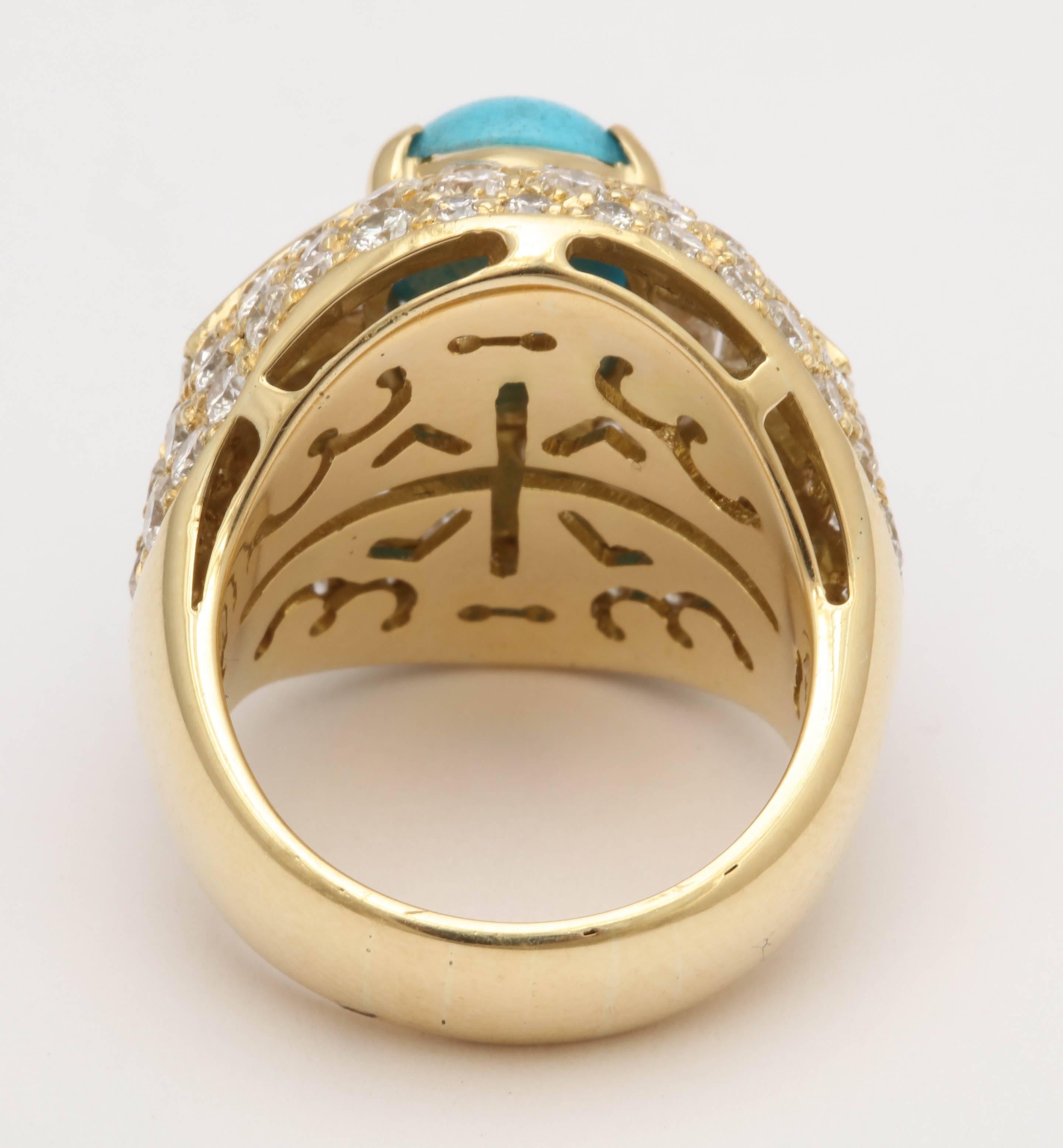 1980s Elegant Cabochon Turquoise Diamond Gold Large Cocktail Ring 1