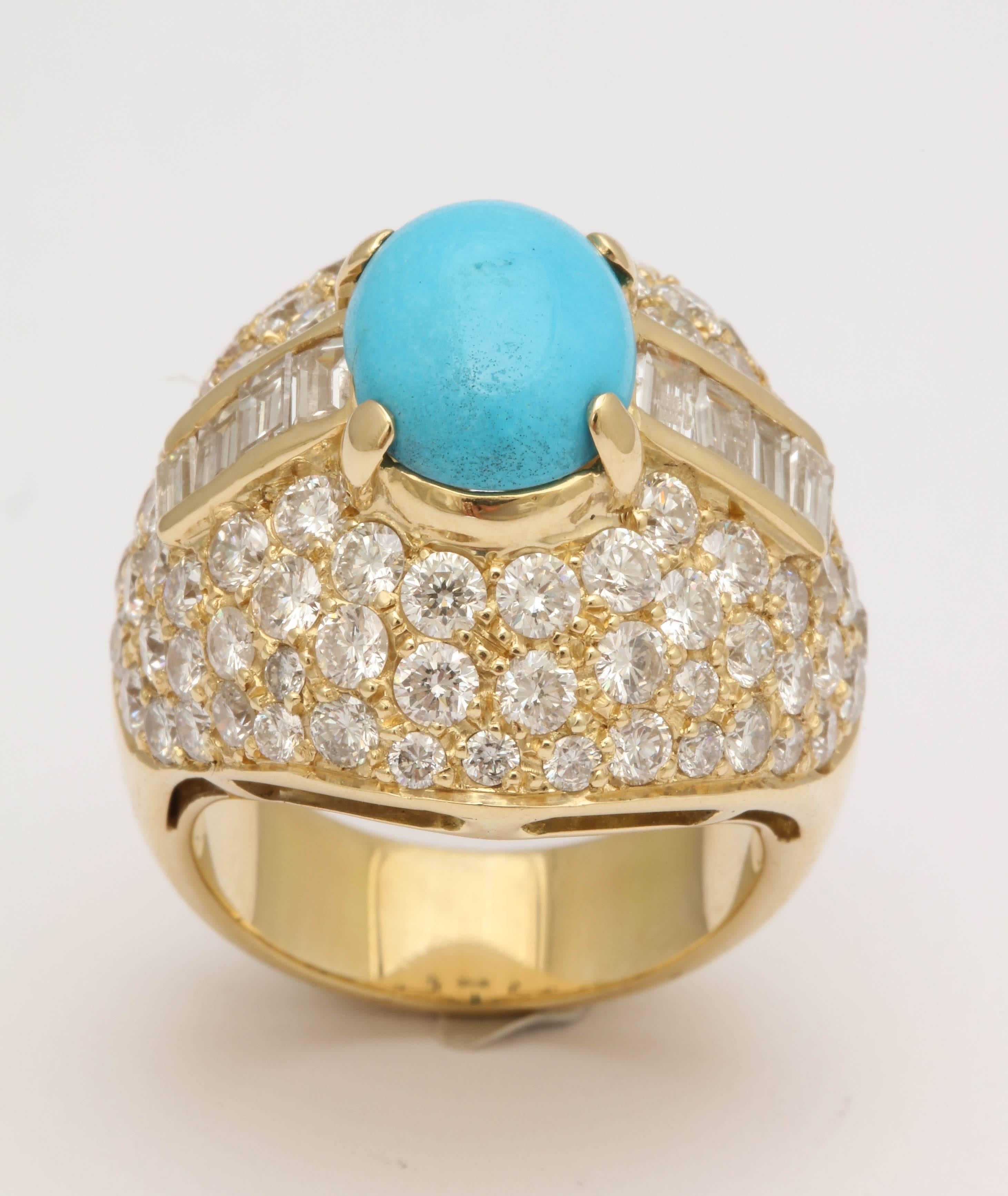 1980s Elegant Cabochon Turquoise Diamond Gold Large Cocktail Ring 2