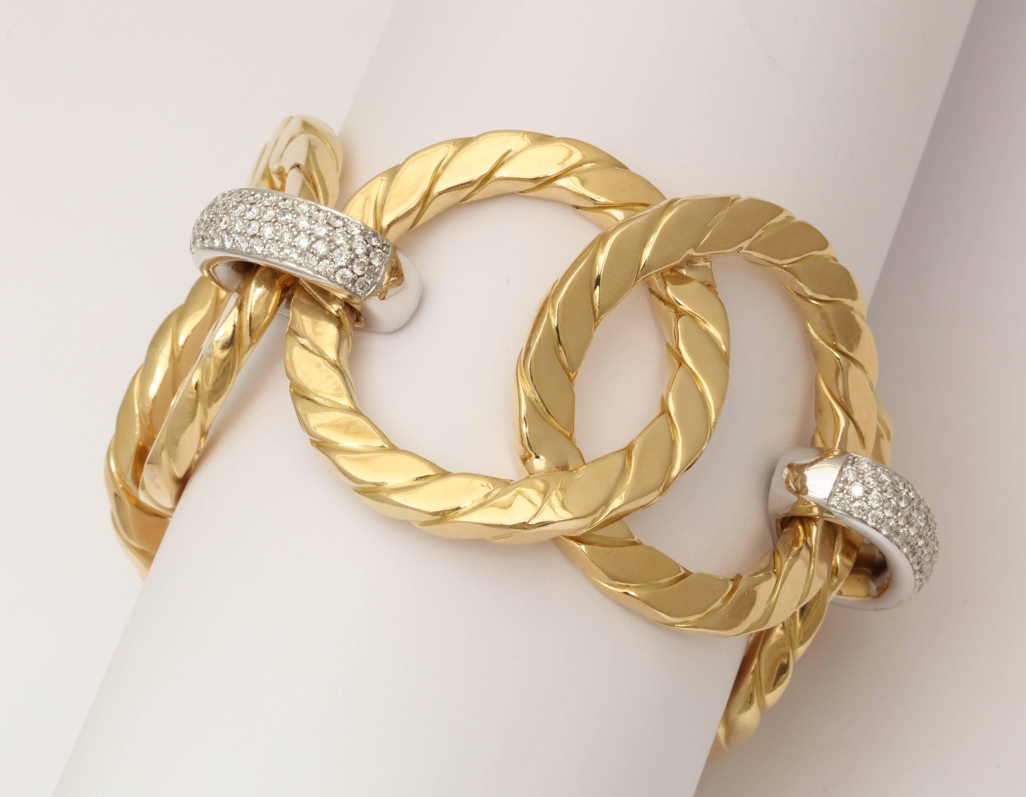 1990s Nicolis Cola Large Open Link Textured Diamond Gold Bracelet 3
