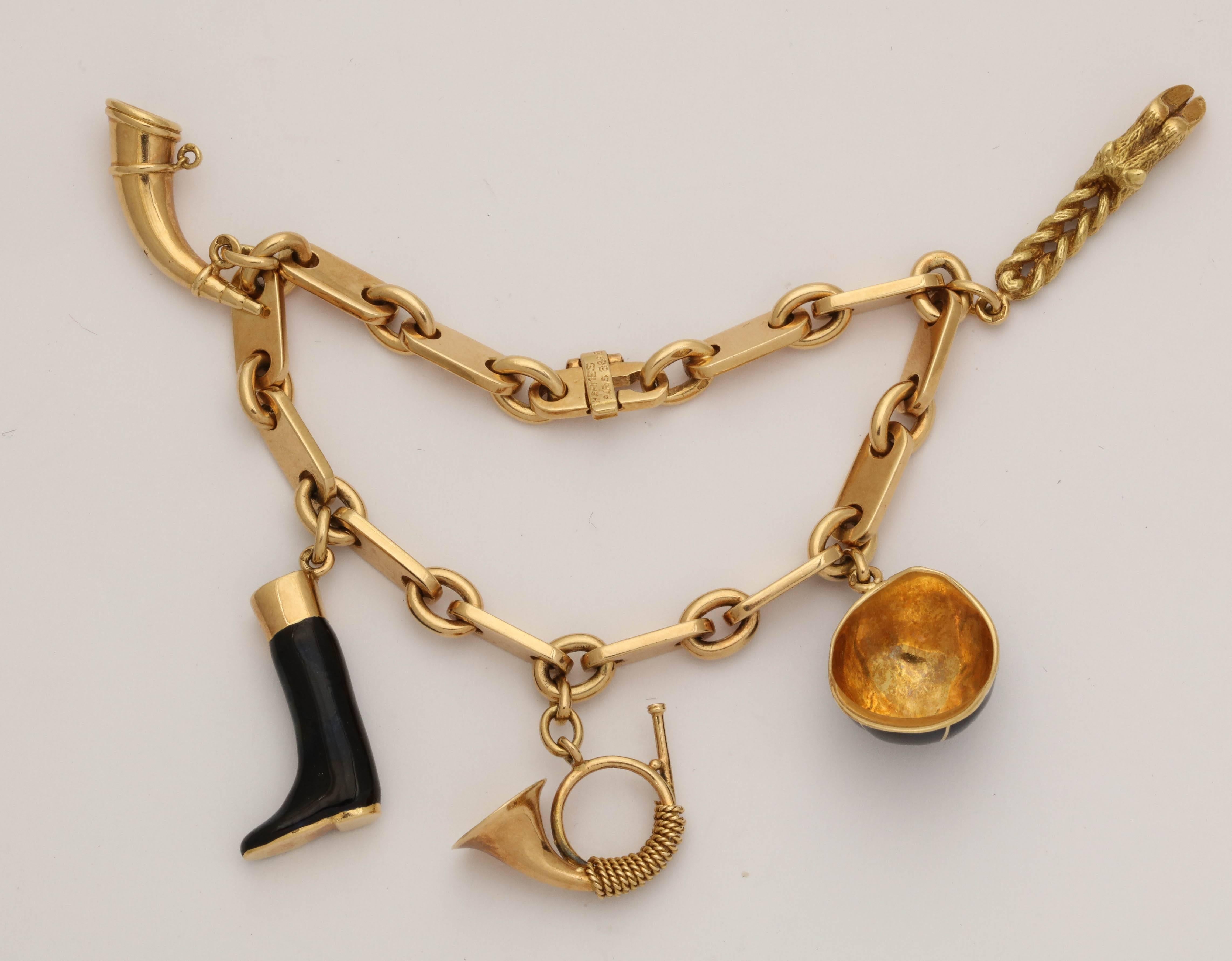 Women's 1950s Hermes Paris Equestrian Five-Charm Black Enamel Gold Bracelet