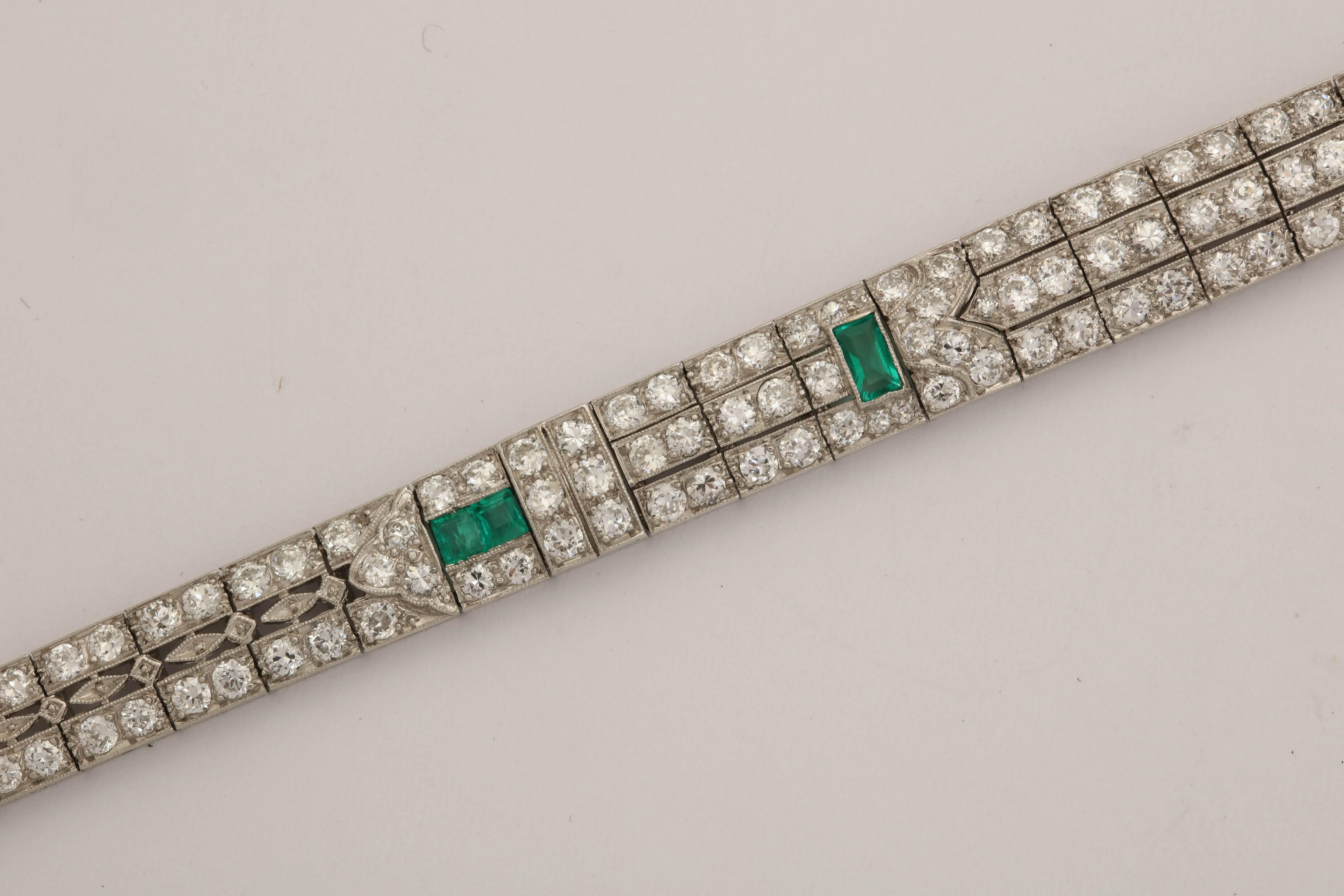 Women's Art Deco Elegant Triple Straightline Diamond with Emeralds Platinum Bracelet