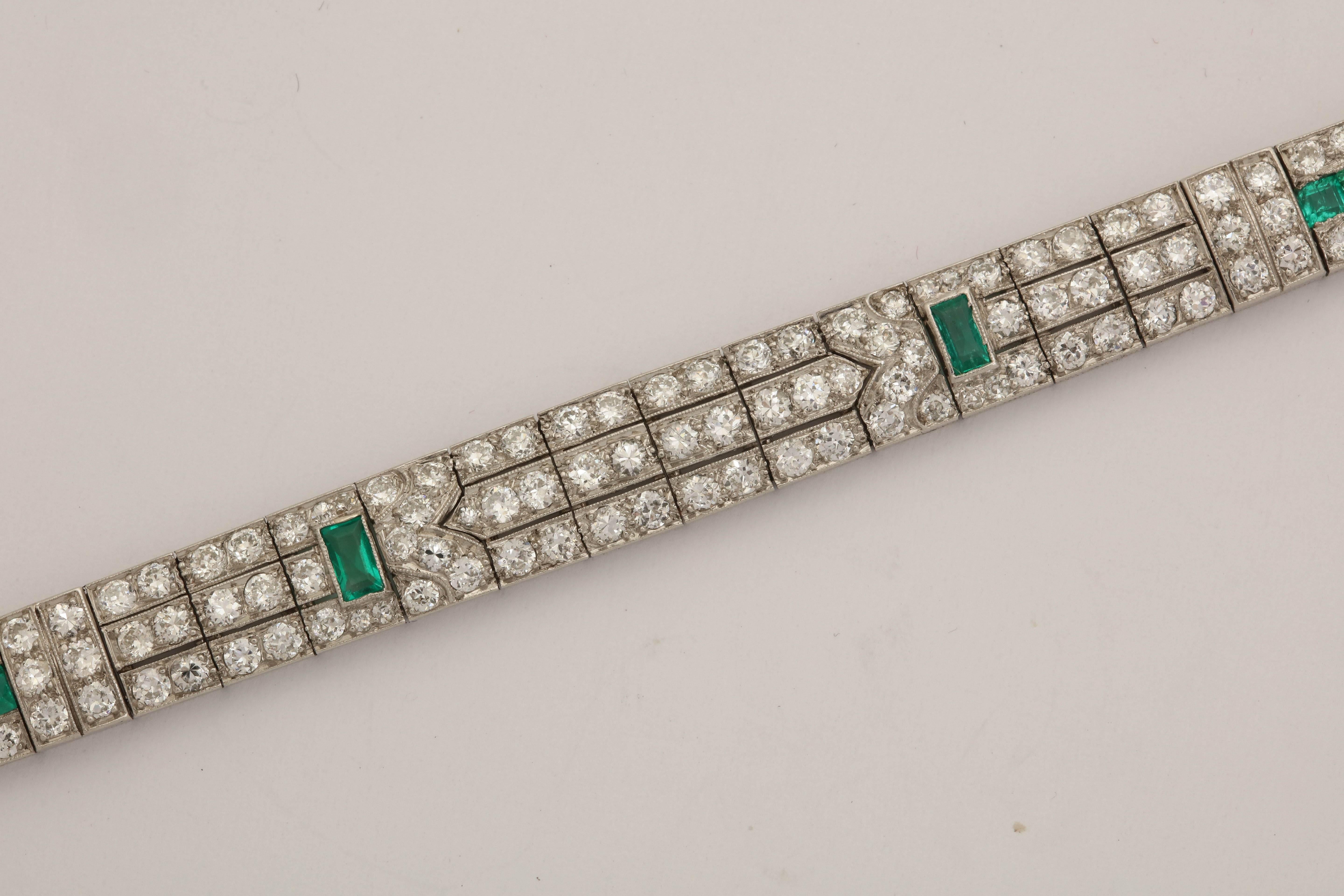 Art Deco Elegant Triple Straightline Diamond with Emeralds Platinum Bracelet 1