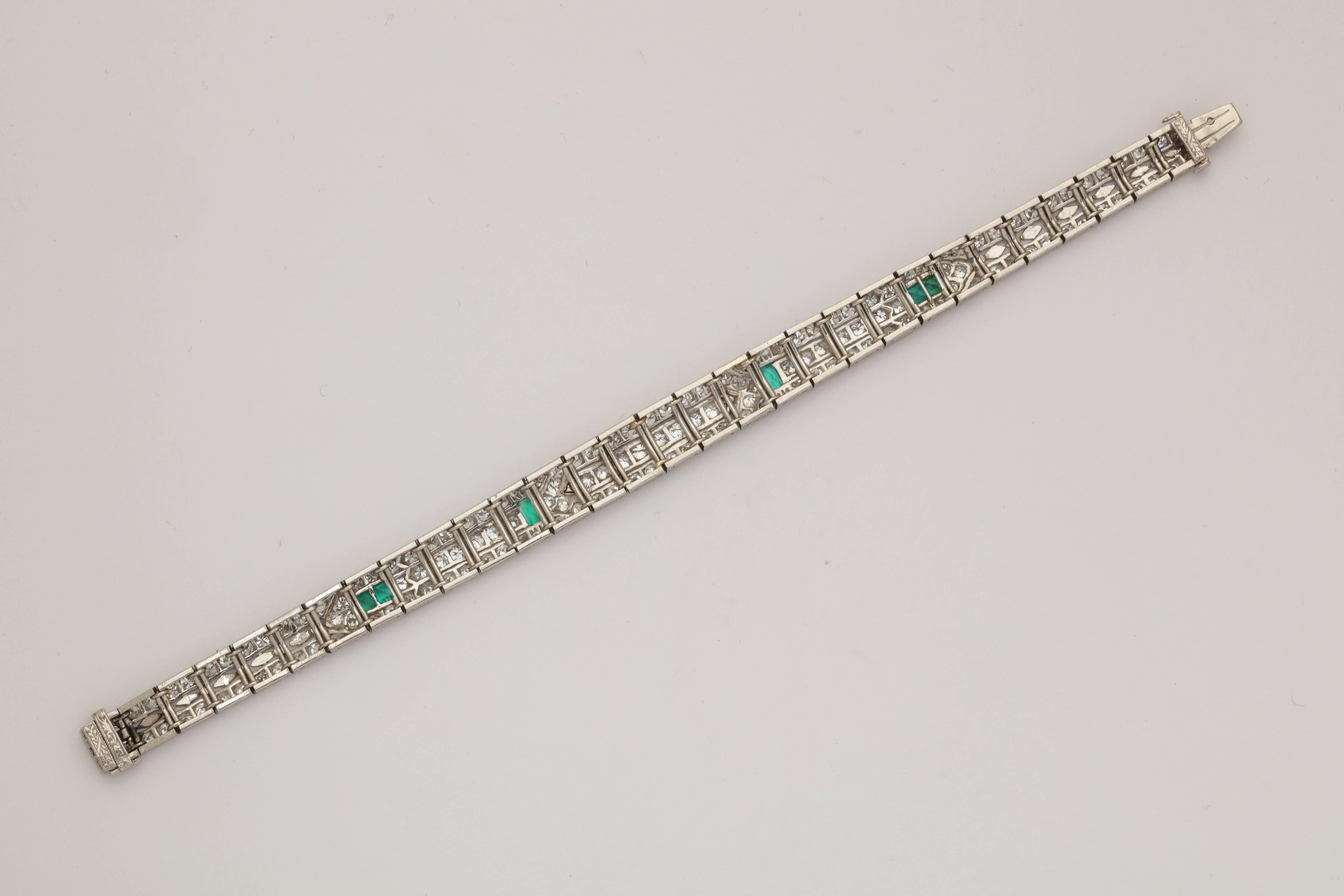 Art Deco Elegant Triple Straightline Diamond with Emeralds Platinum Bracelet 2