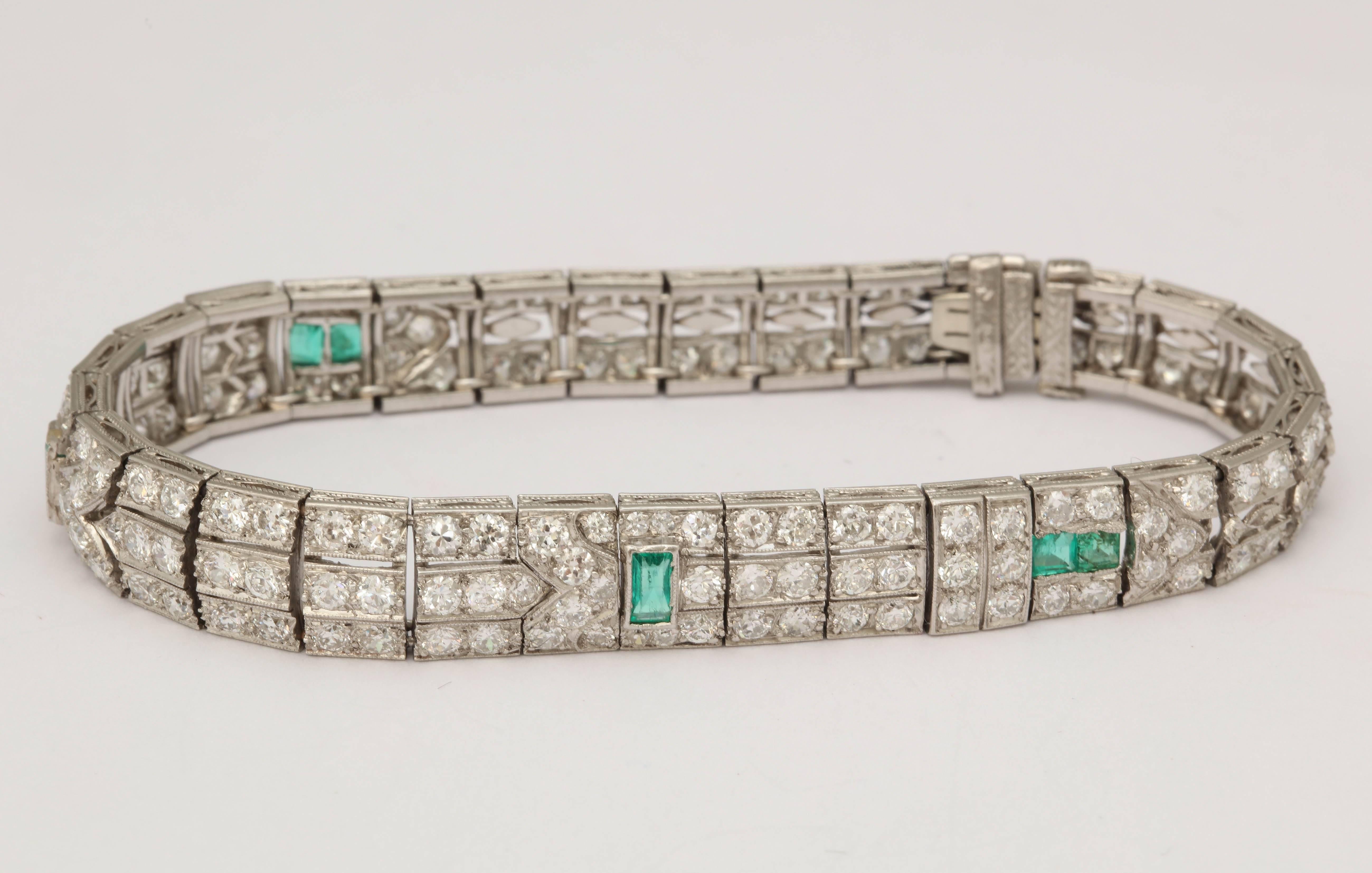Art Deco Elegant Triple Straightline Diamond with Emeralds Platinum Bracelet 5