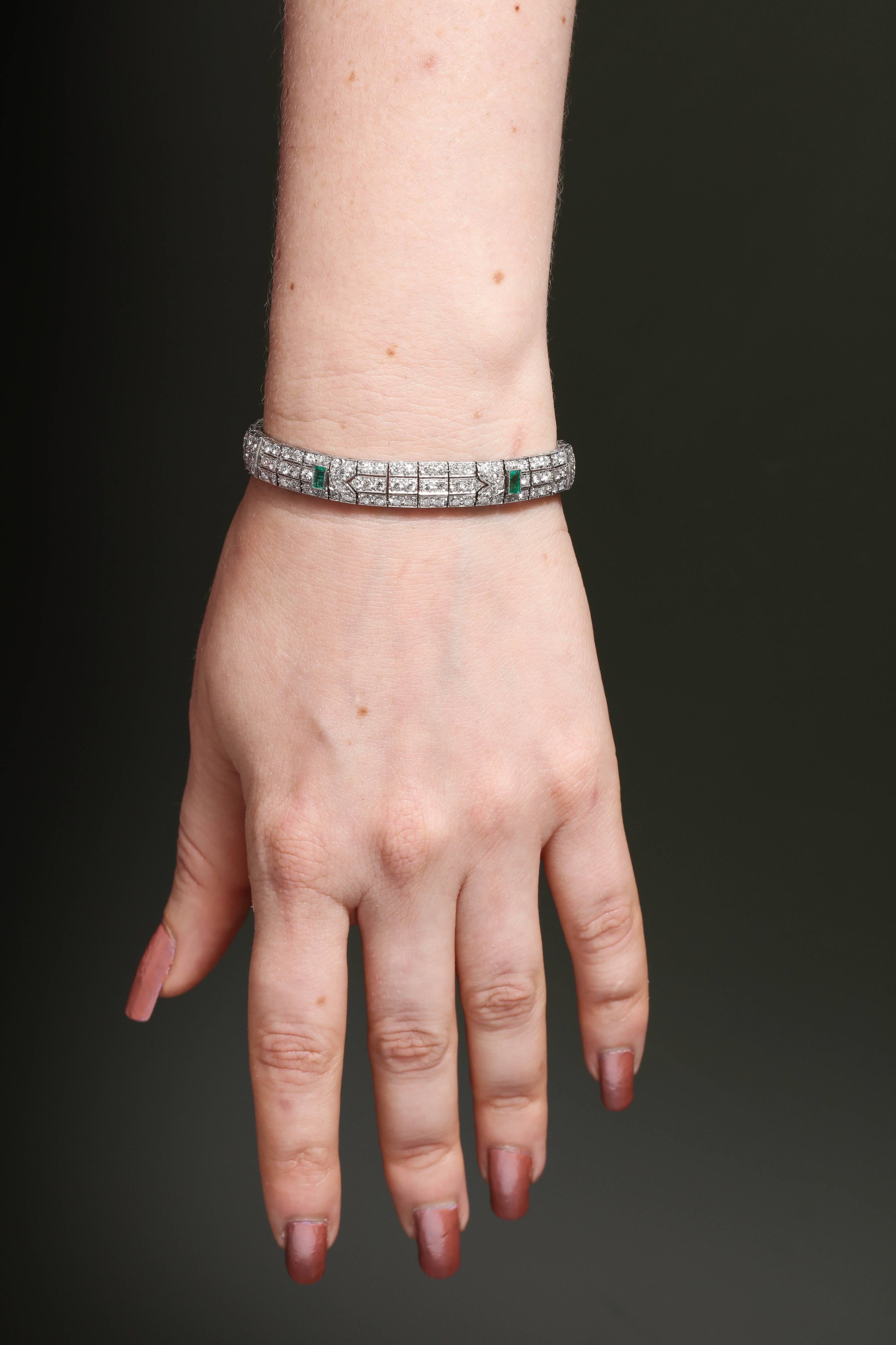 Art Deco Elegant Triple Straightline Diamond with Emeralds Platinum Bracelet 6