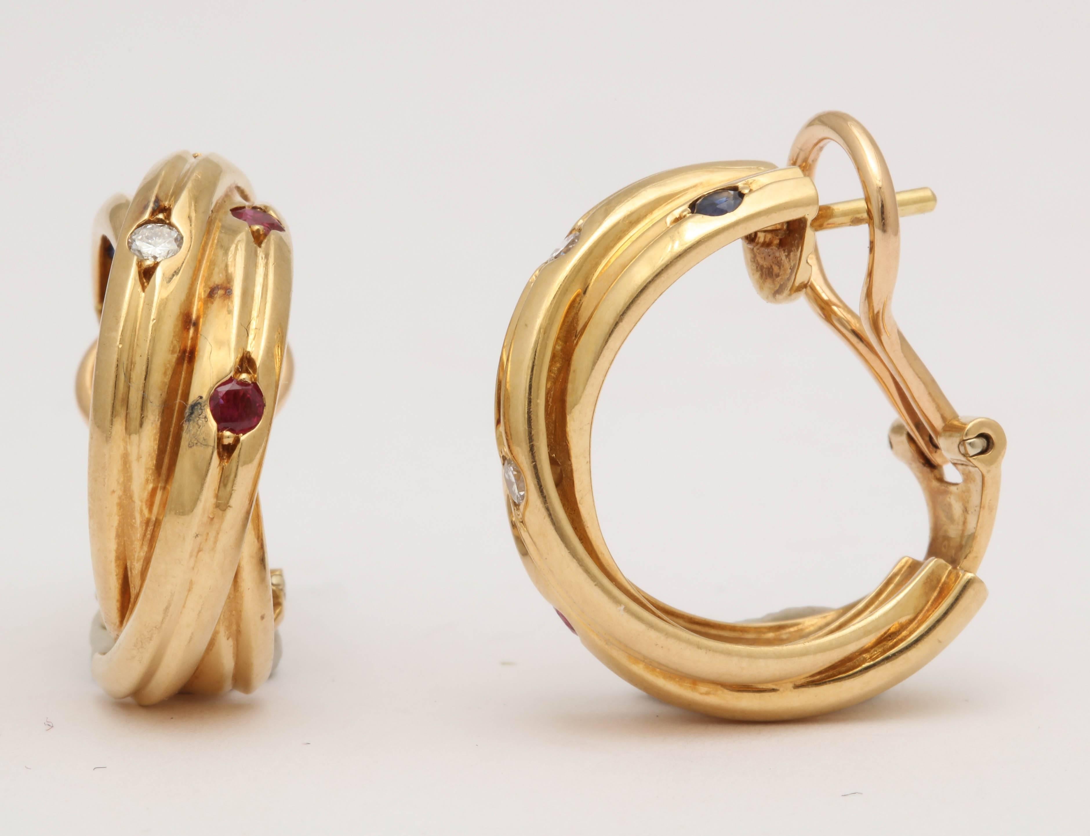 1990s Cartier Paris Triple Hoop Sapphire Ruby Diamond Gold Earrings In Excellent Condition In New York, NY