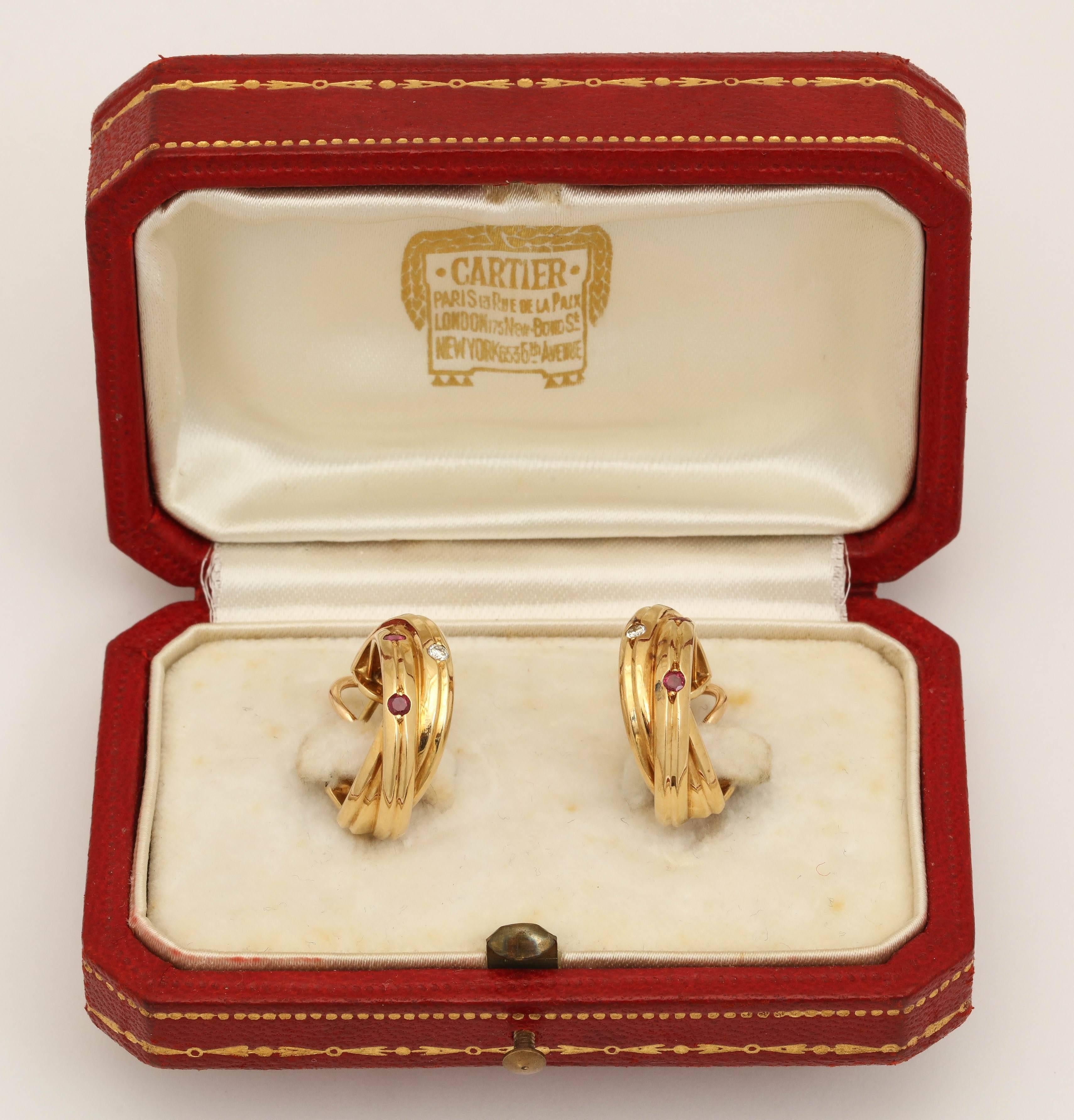 Women's 1990s Cartier Paris Triple Hoop Sapphire Ruby Diamond Gold Earrings