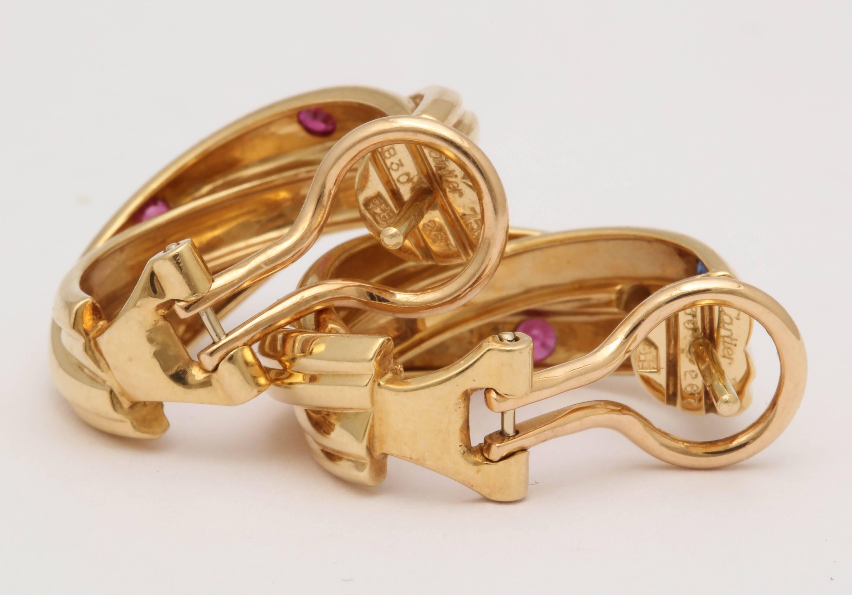 1990s Cartier Paris Triple Hoop Sapphire Ruby Diamond Gold Earrings 1