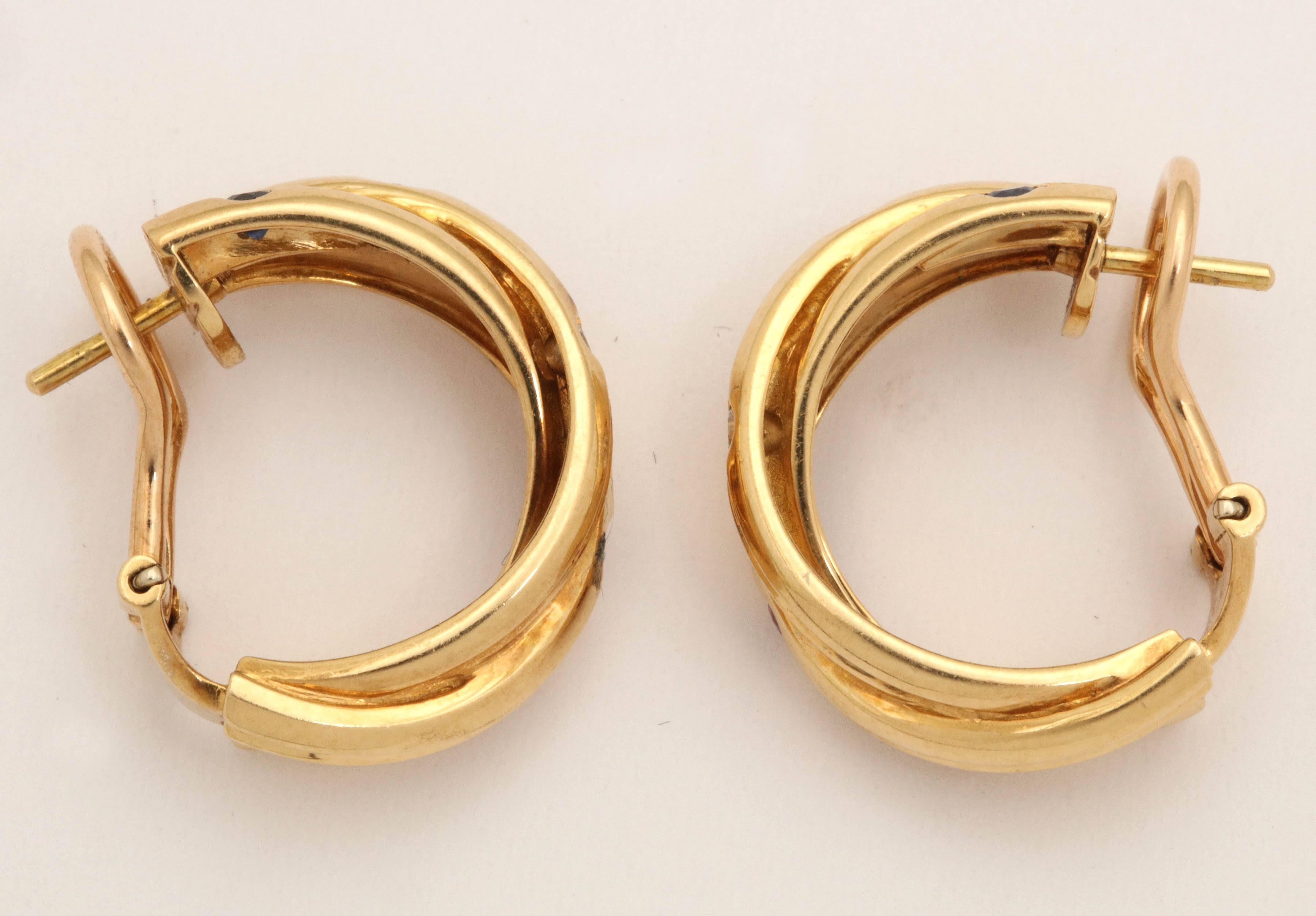 1990s Cartier Paris Triple Hoop Sapphire Ruby Diamond Gold Earrings 2