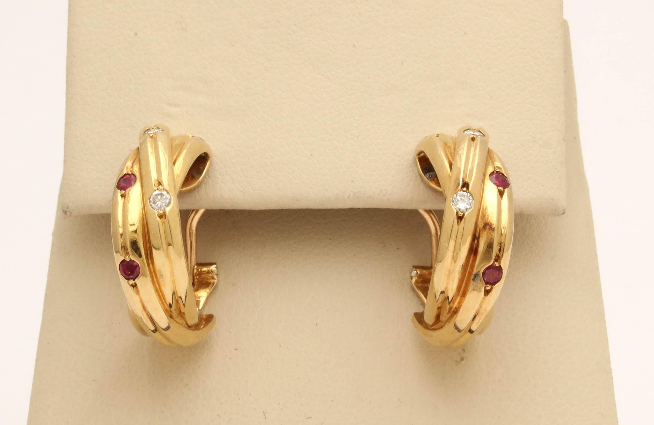 1990s Cartier Paris Triple Hoop Sapphire Ruby Diamond Gold Earrings 4