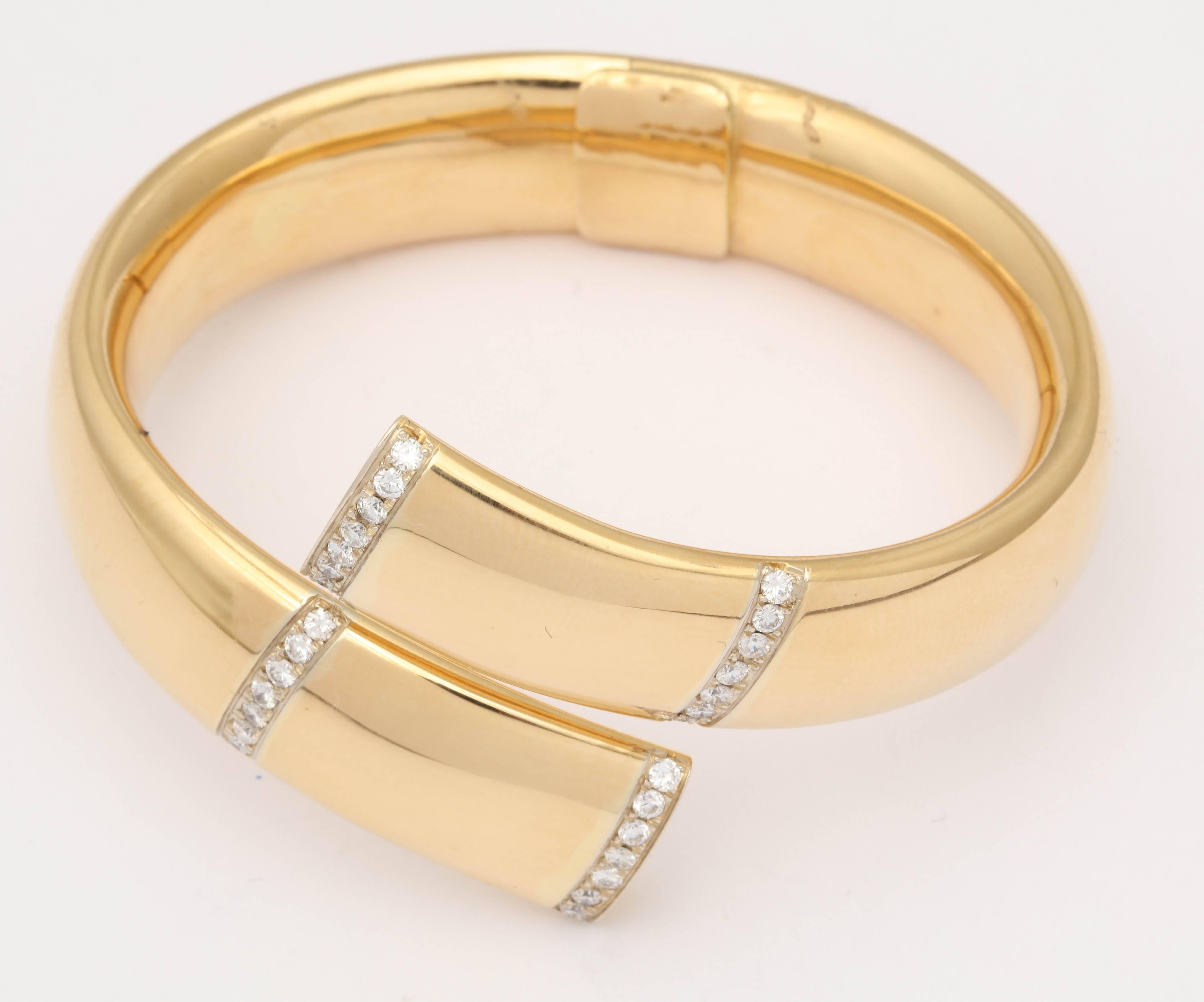 1980s Wrap Around Doubled Hinged High Polish Diamond Gold Bracelet 2