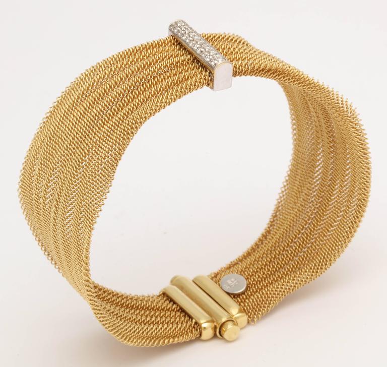 1960s Ribbon Design Flexible Woven Mesh Diamond and Gold Bracelet at ...