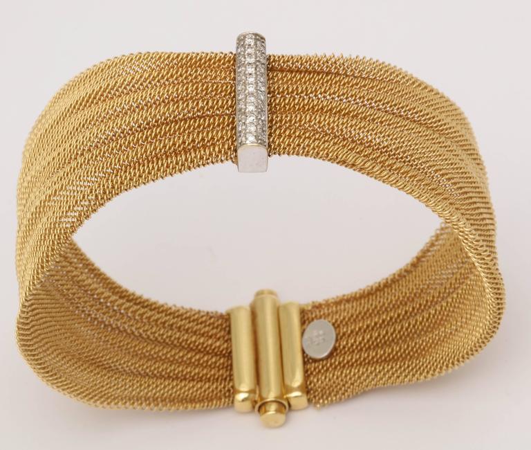 1960s Ribbon Design Flexible Woven Mesh Diamond and Gold Bracelet at ...