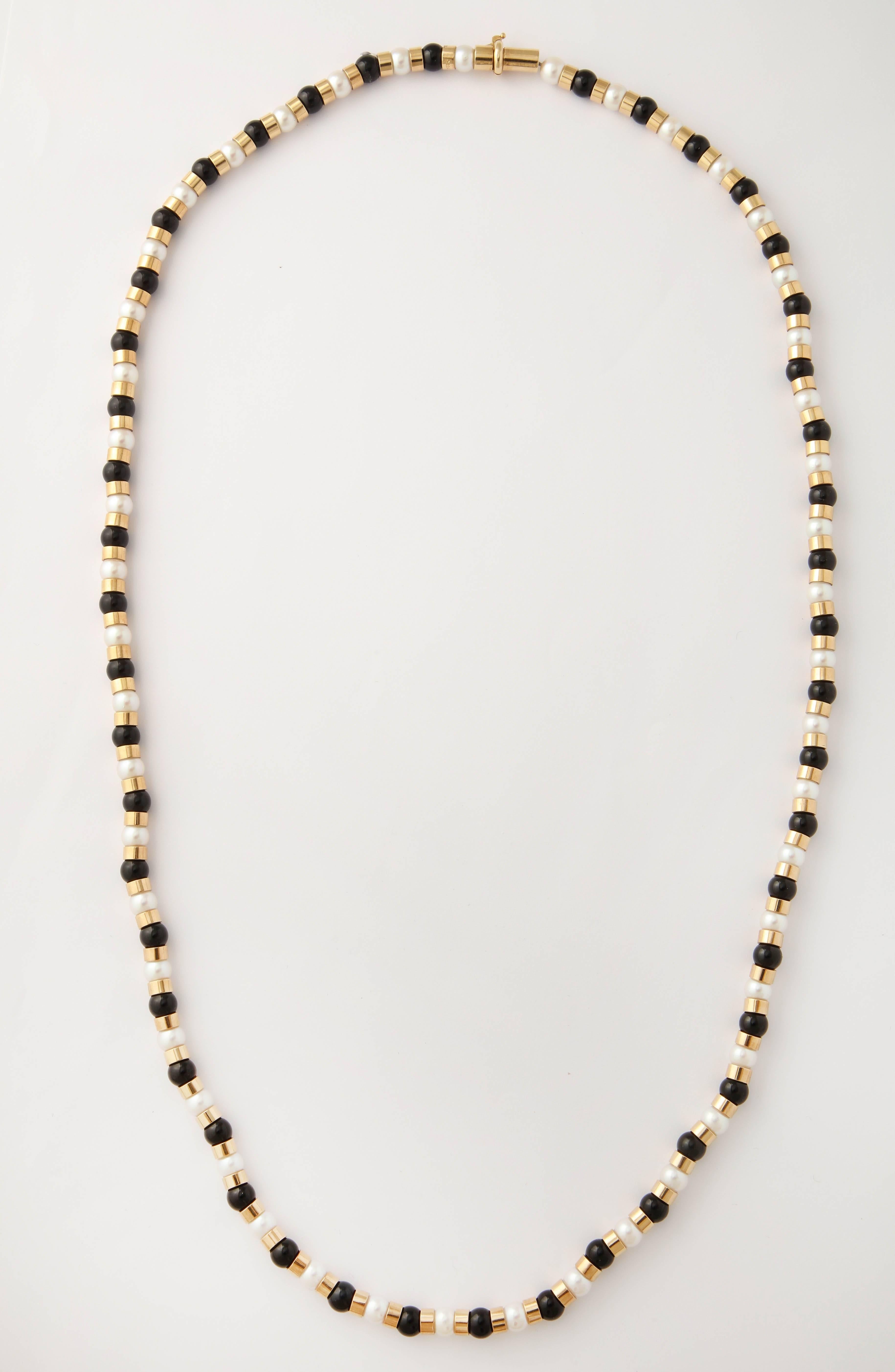 Women's 1990s Chanel Paris Long Onyx Pearl Gold Classic Colors Necklace