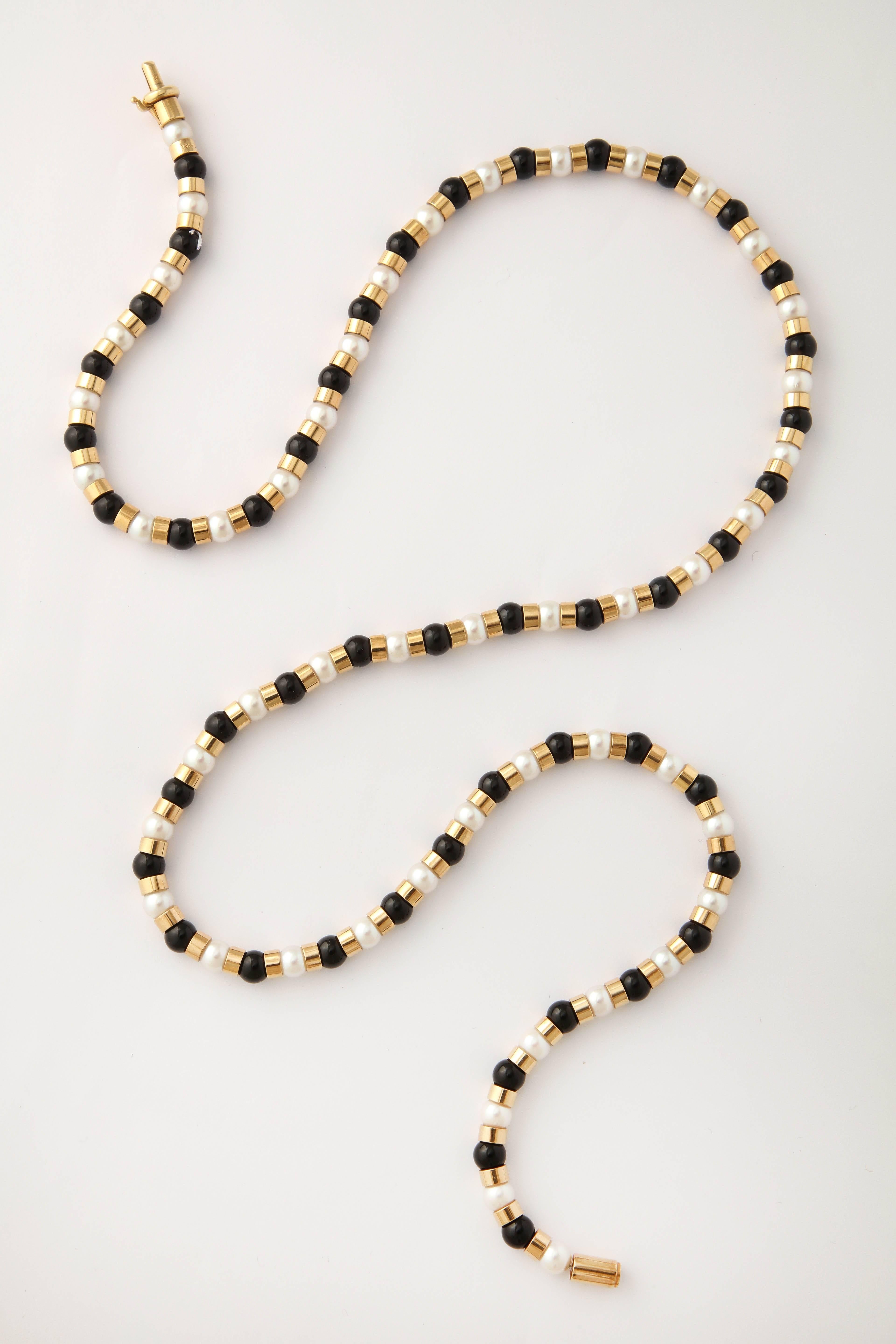 1990s Chanel Paris Long Onyx Pearl Gold Classic Colors Necklace 1