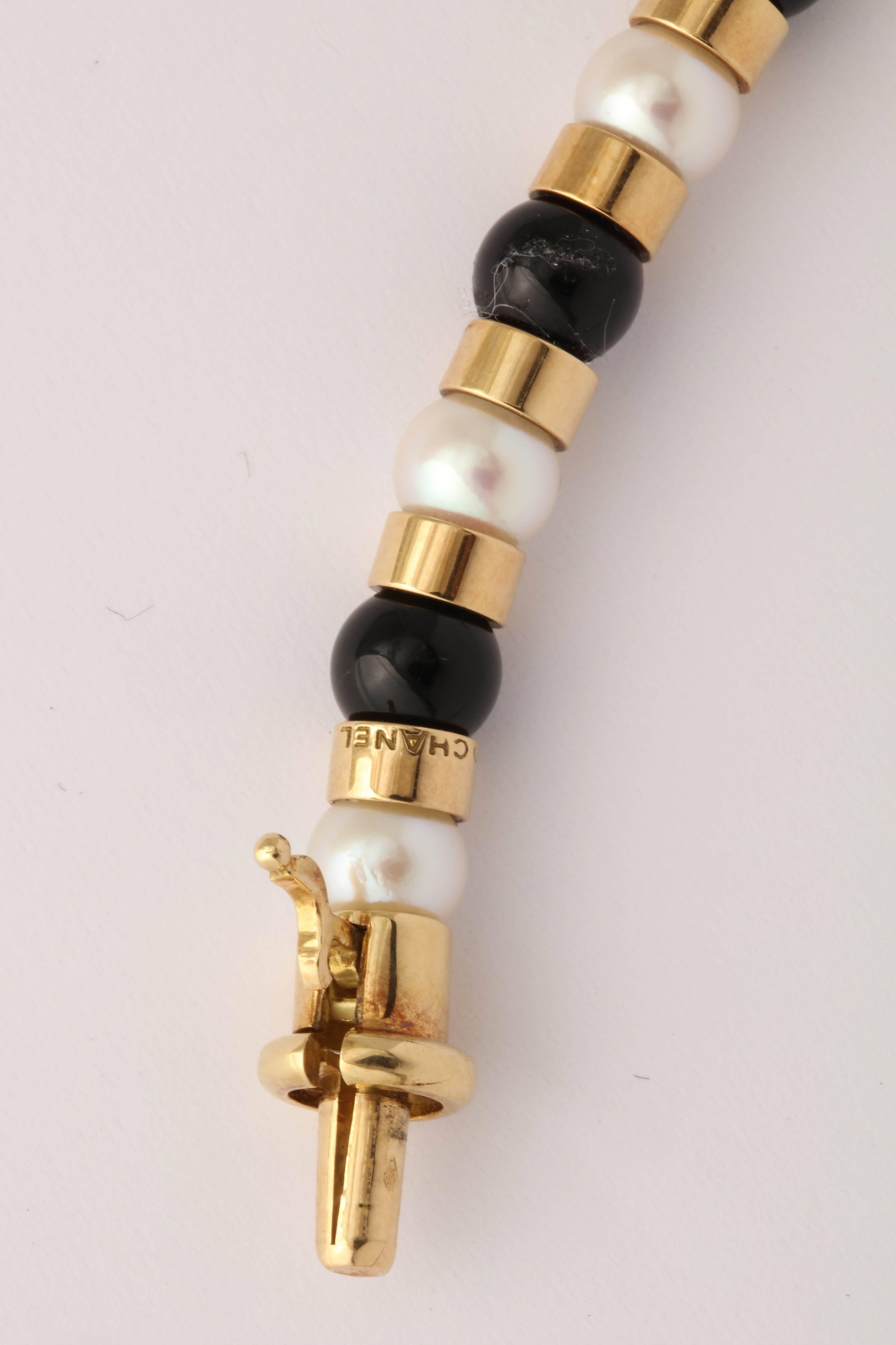 1990s Chanel Paris Long Onyx Pearl Gold Classic Colors Necklace 2