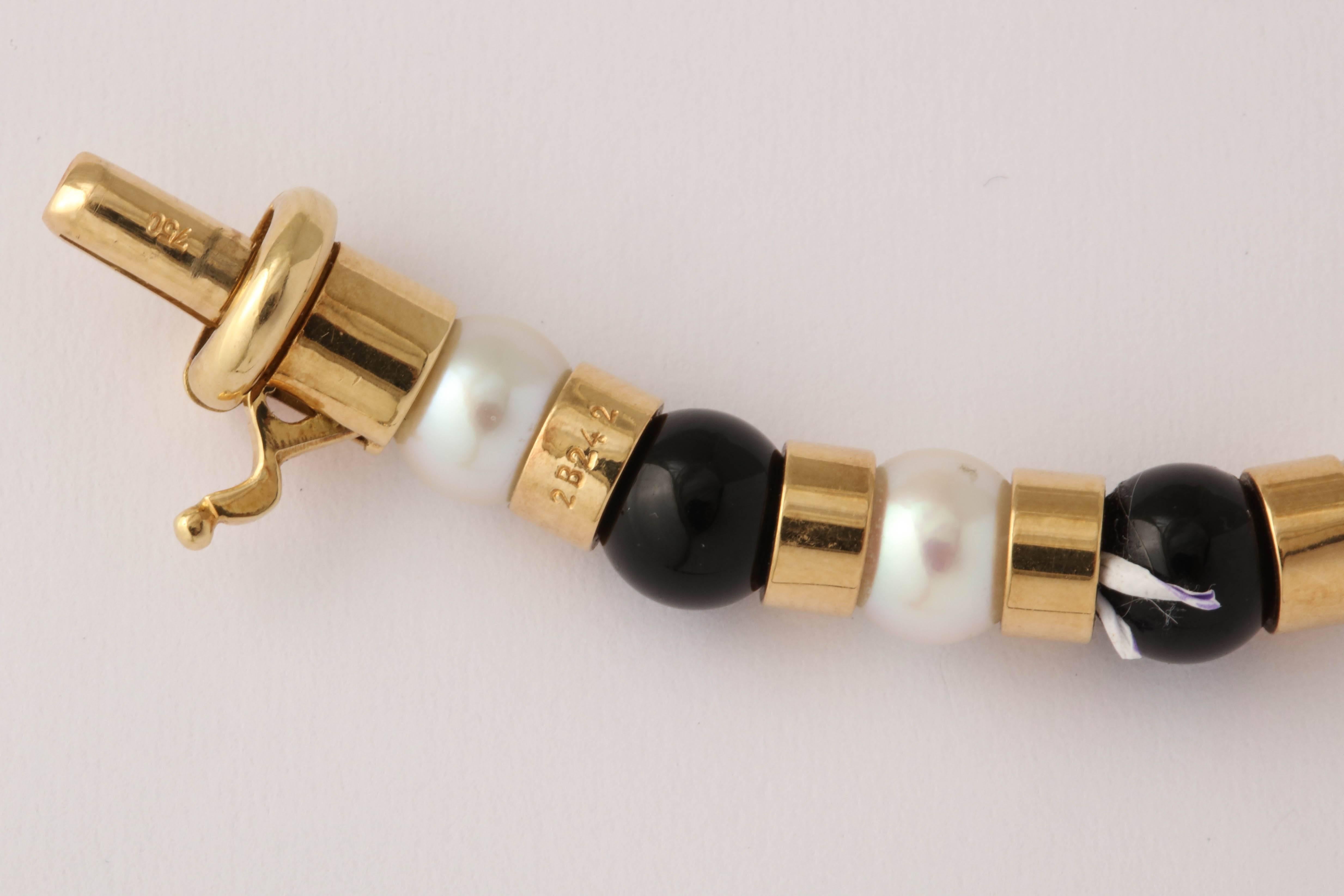 1990s Chanel Paris Long Onyx Pearl Gold Classic Colors Necklace 3