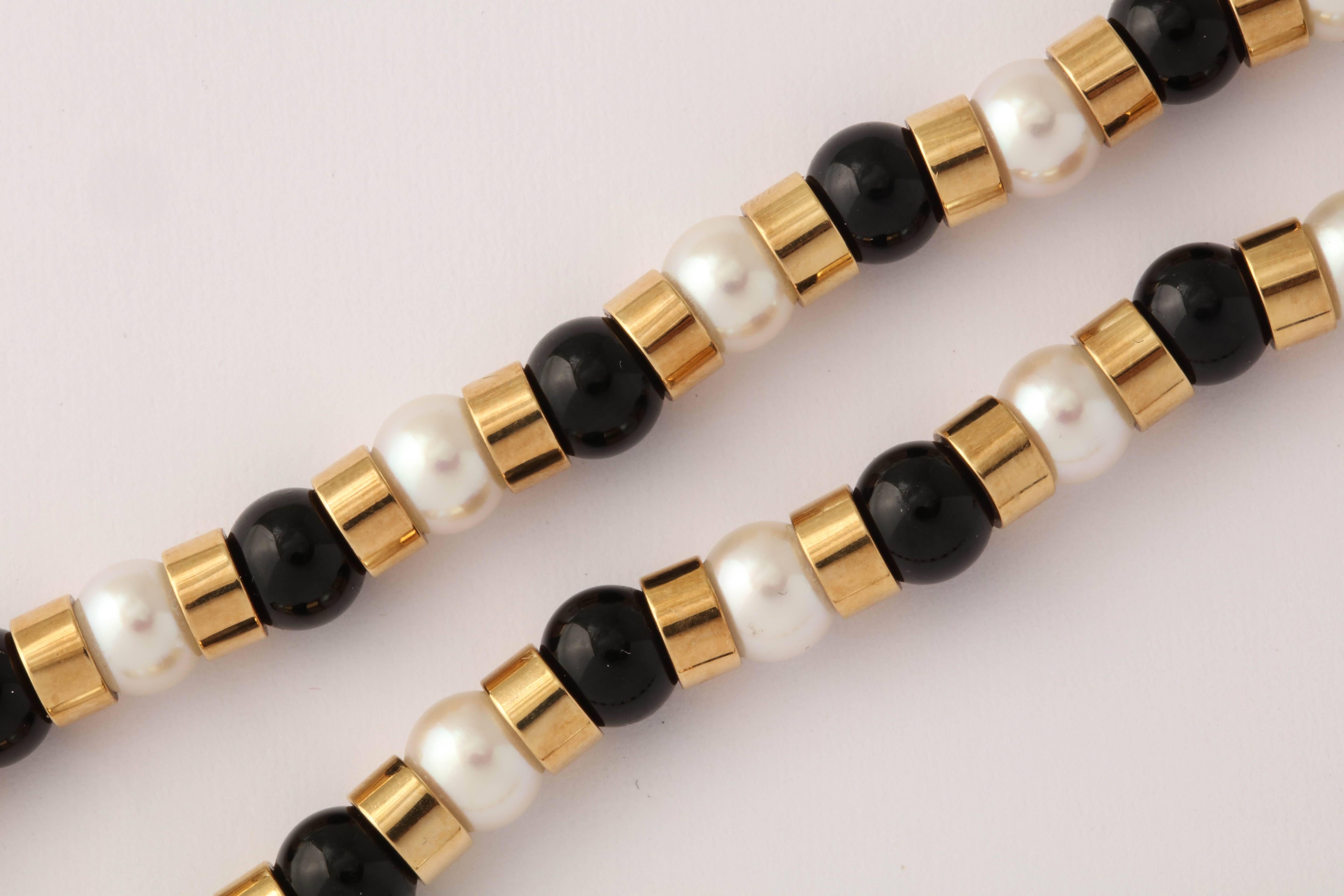 1990s Chanel Paris Long Onyx Pearl Gold Classic Colors Necklace 4