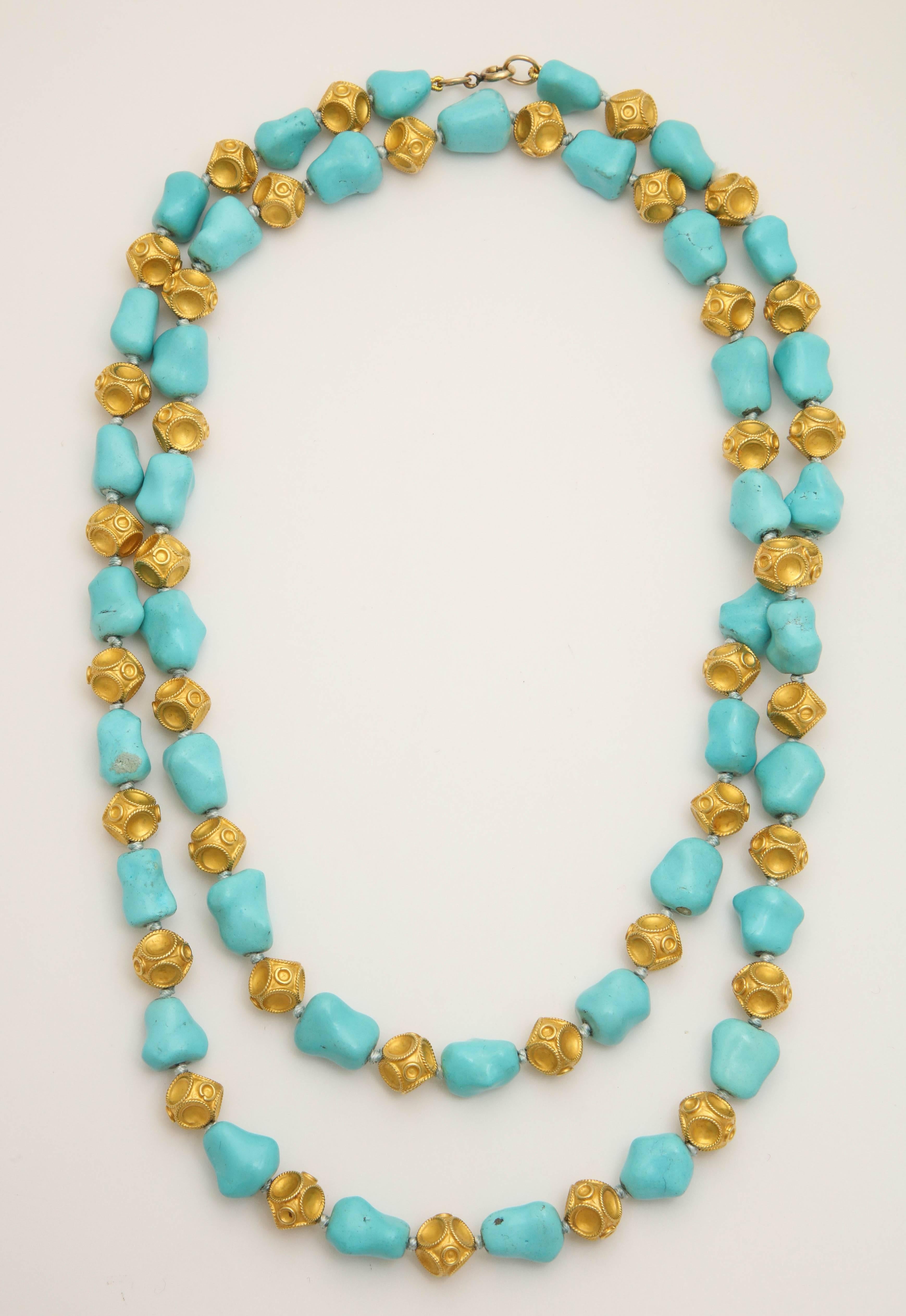 1960s Nugget Shape Turquoises with Alternating Crater Design Gold Ball Chain In Excellent Condition In New York, NY