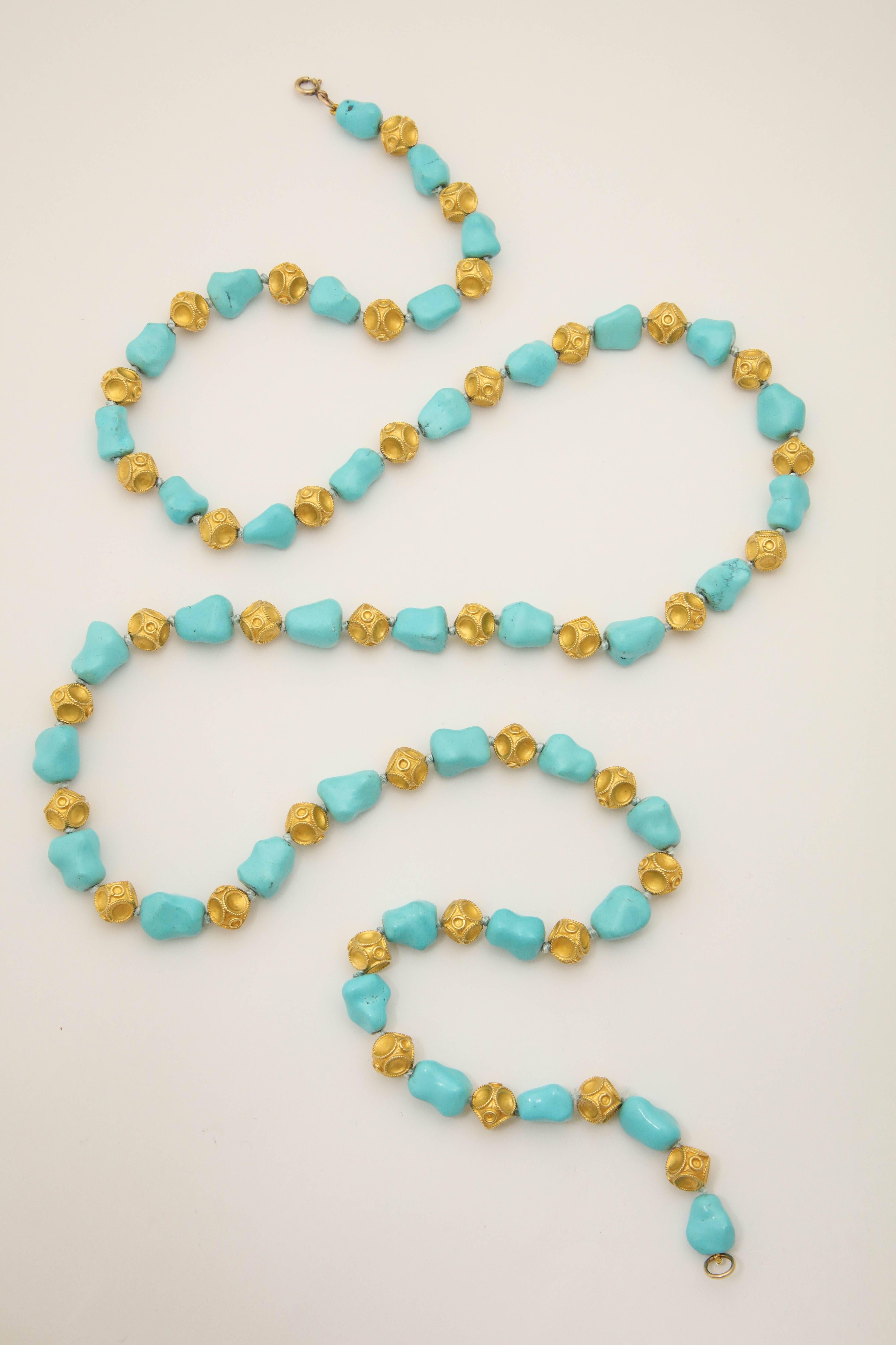Women's 1960s Nugget Shape Turquoises with Alternating Crater Design Gold Ball Chain