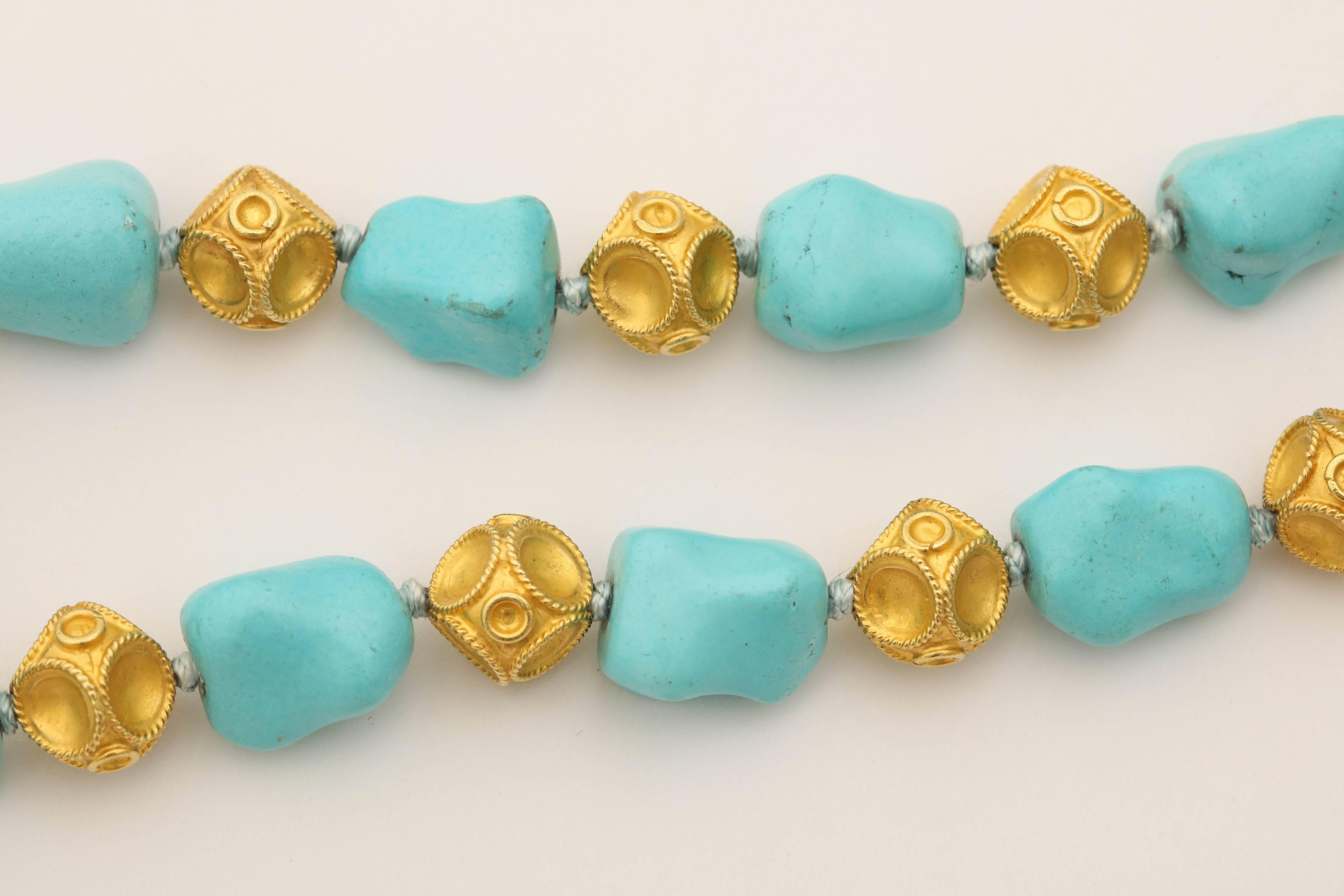 1960s Nugget Shape Turquoises with Alternating Crater Design Gold Ball Chain 2