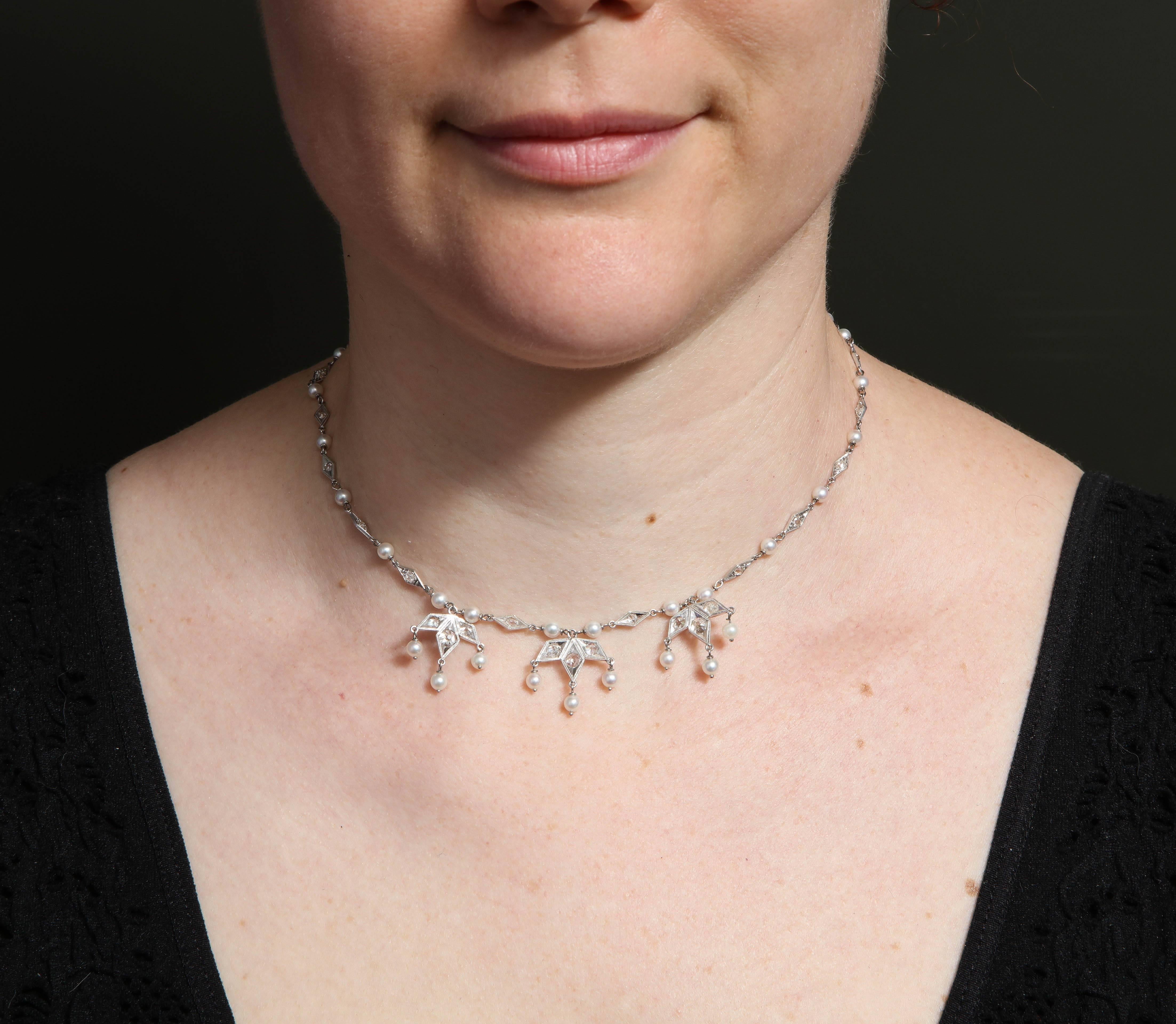 Women's Art Deco Delicate Pearl Diamond Platinum Triple Pendant Necklace