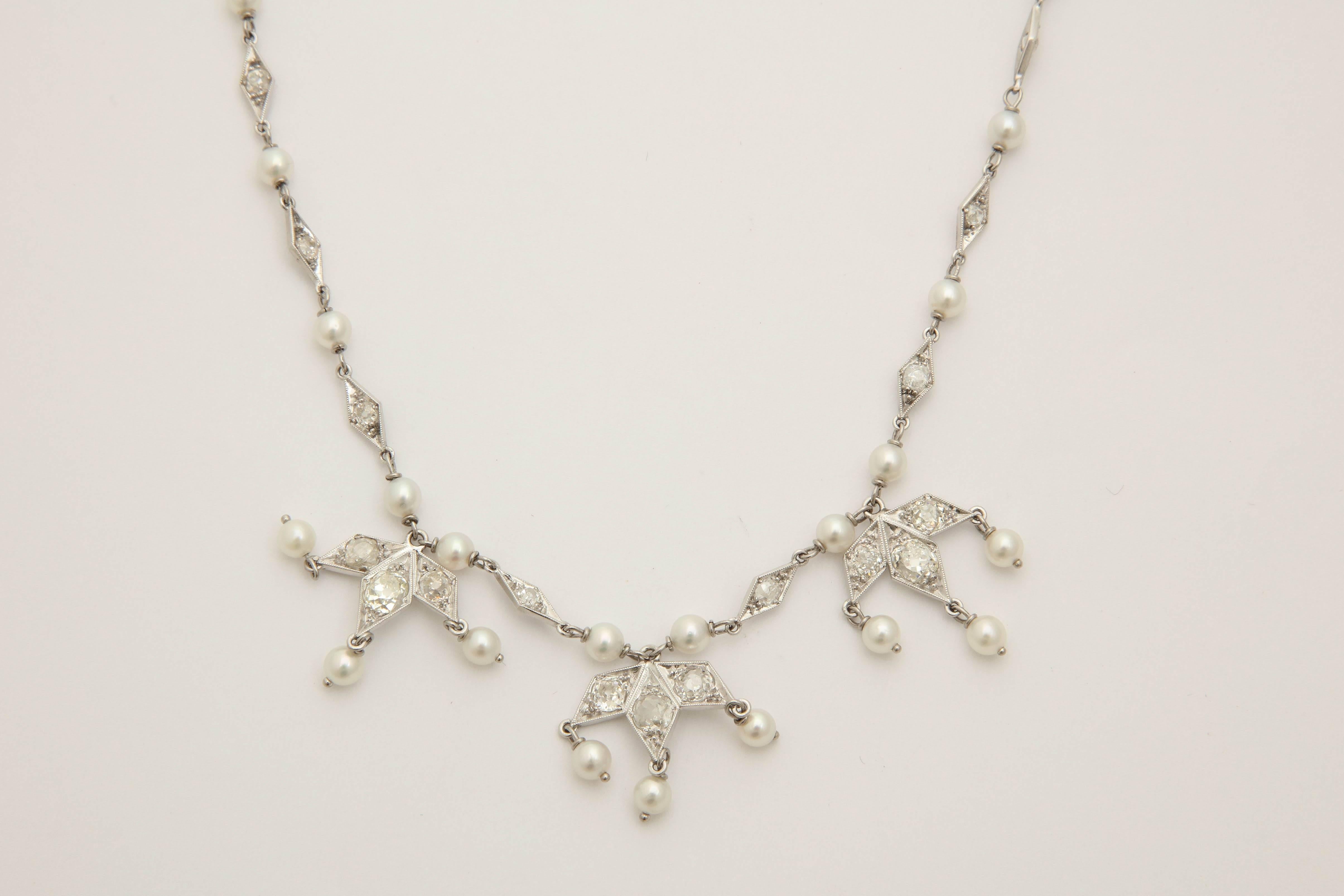 Art Deco Delicate Pearl Diamond Platinum Triple Pendant Necklace 1