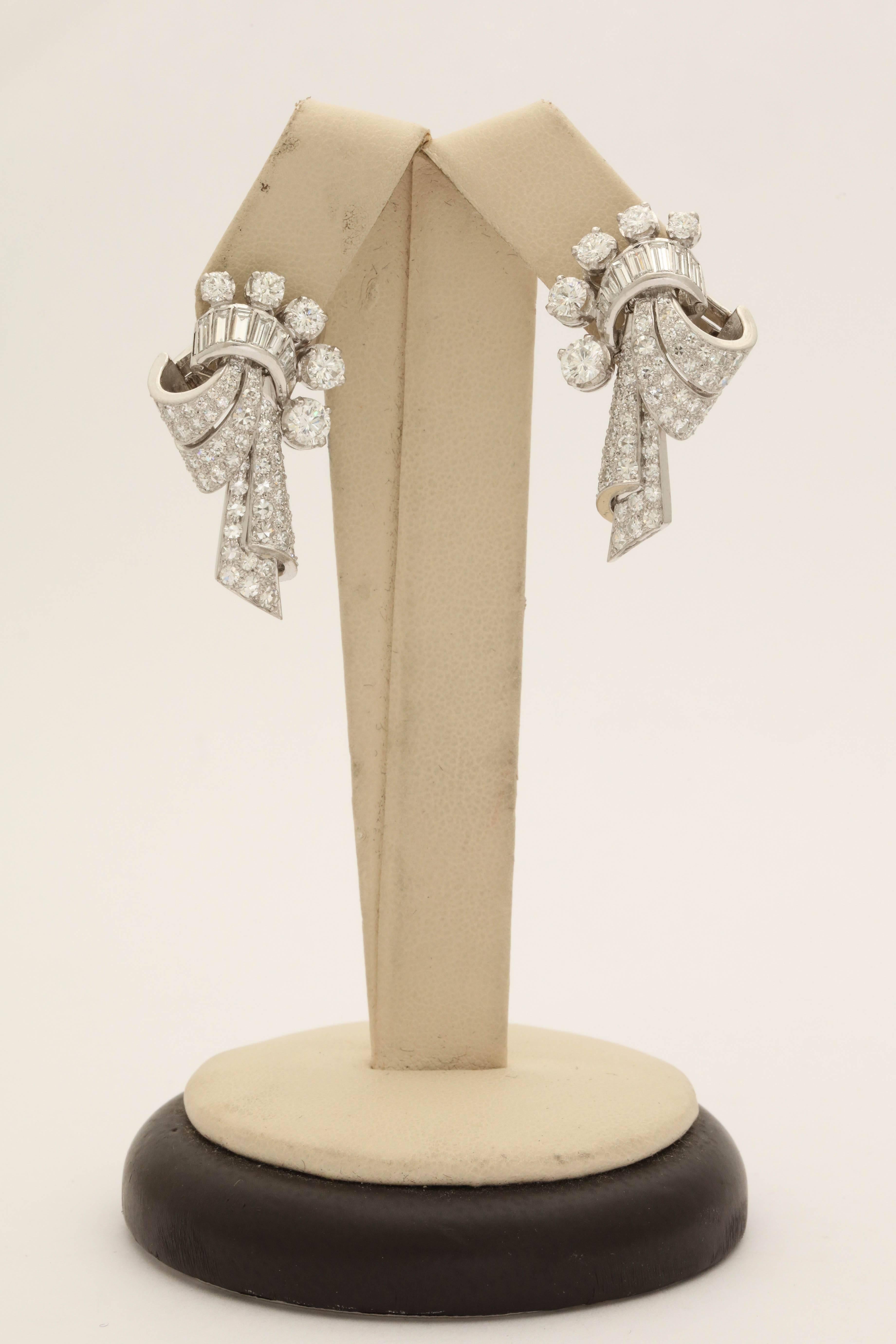 1940s French Drape Design Baguette with Round Diamonds Platinum Earclips 1