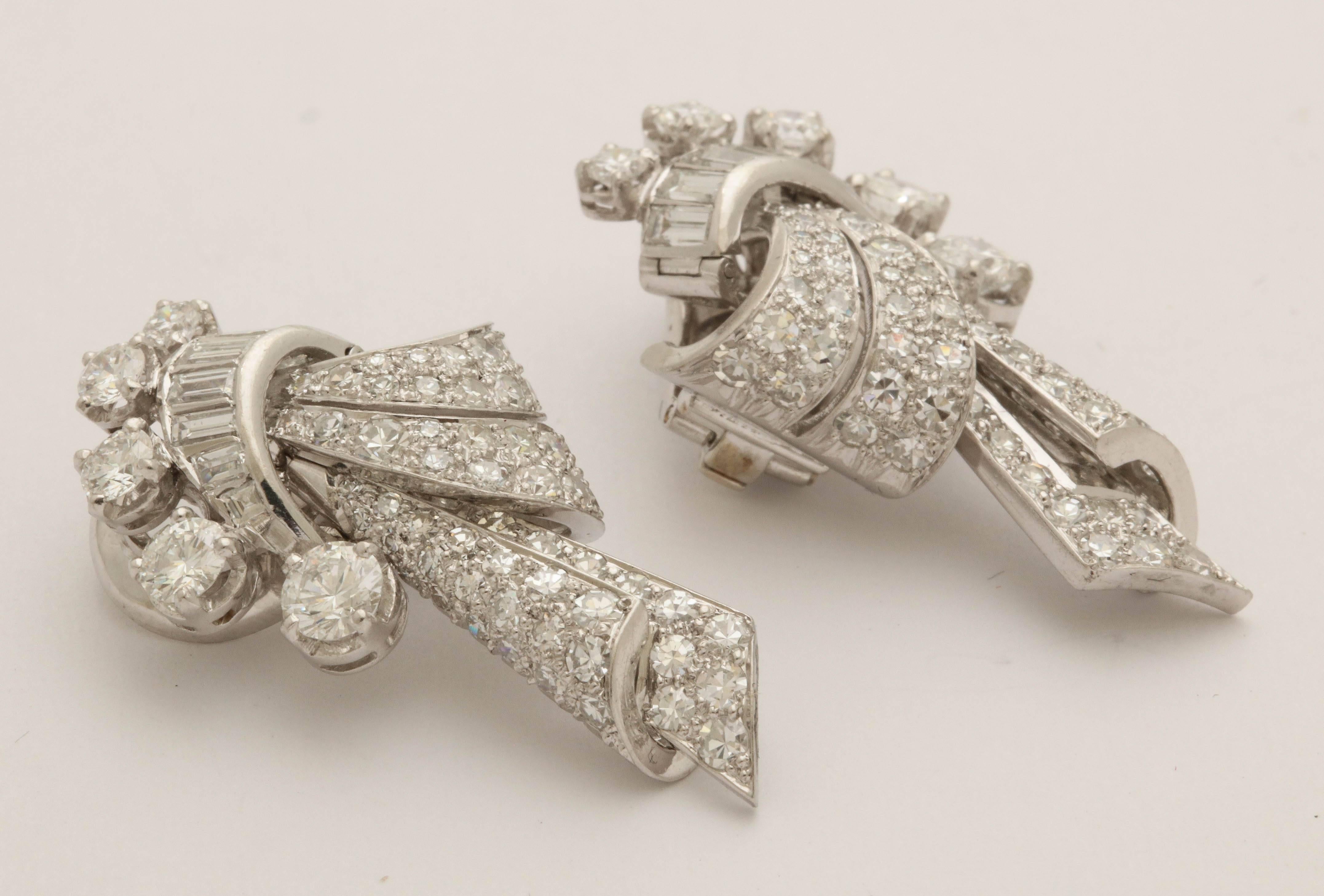 1940s French Drape Design Baguette with Round Diamonds Platinum Earclips 2