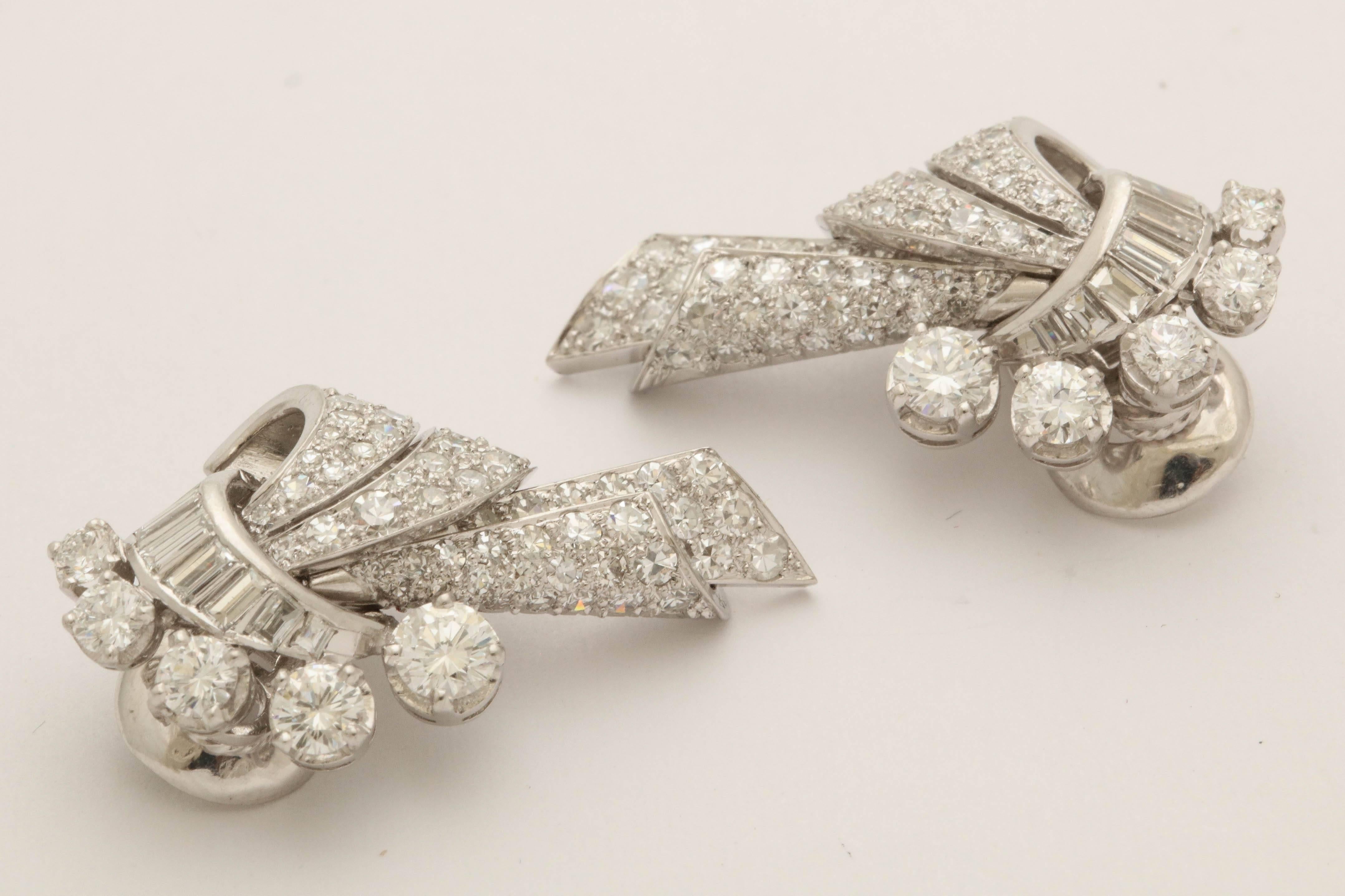 1940s French Drape Design Baguette with Round Diamonds Platinum Earclips 3