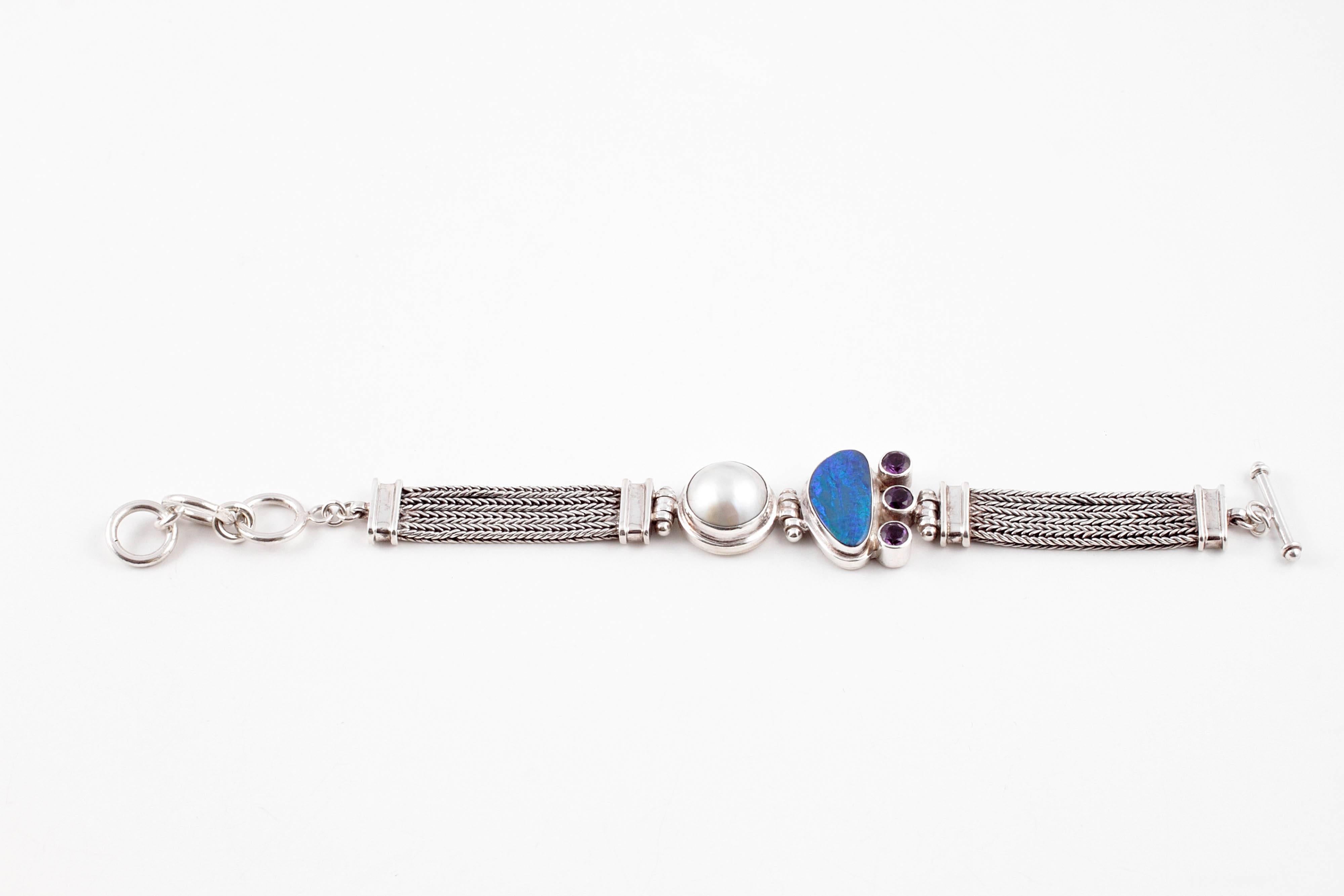 Opal Amethyst Mabe Pearl Sterling Silver Bracelet 2