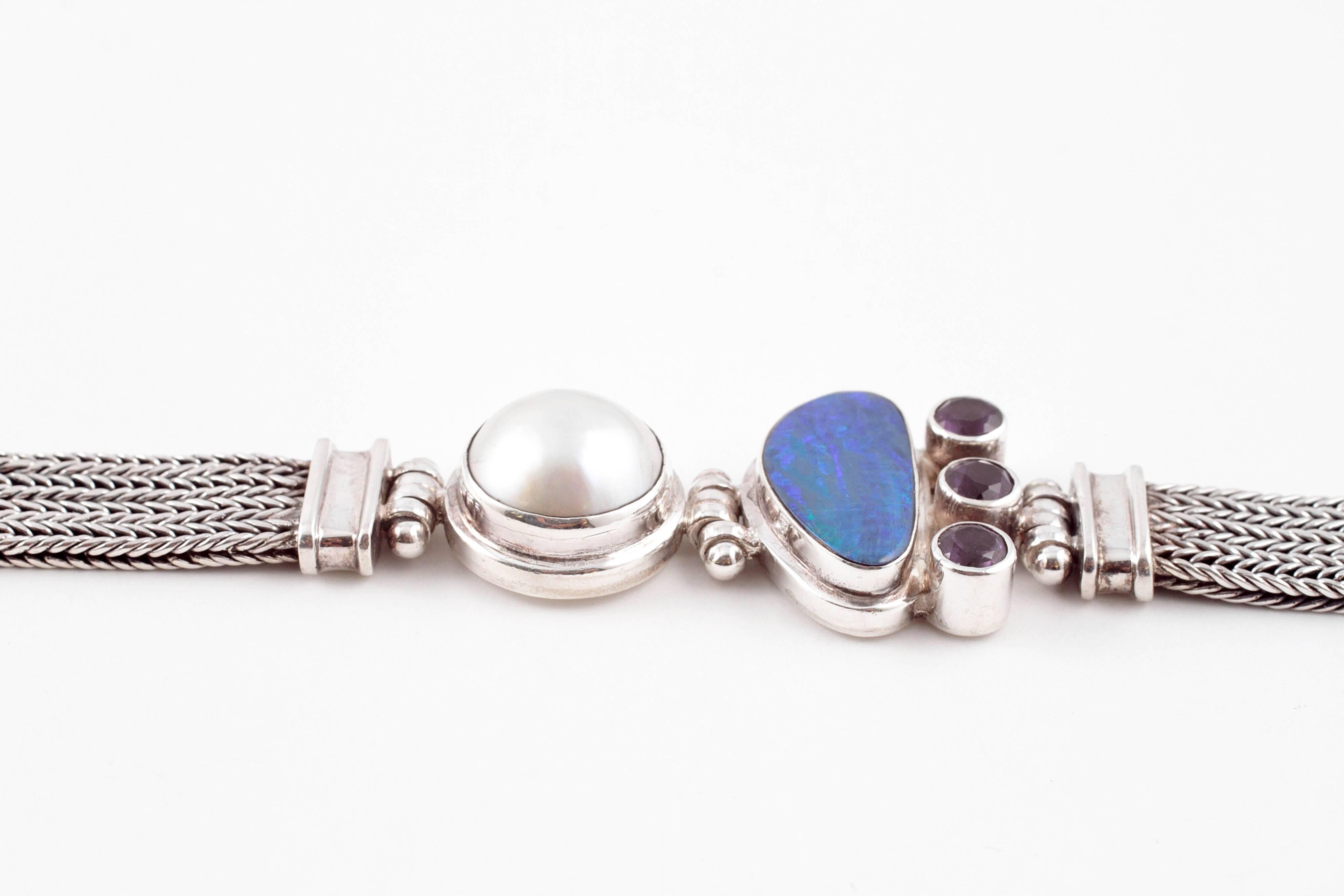 Opal Amethyst Mabe Pearl Sterling Silver Bracelet 3