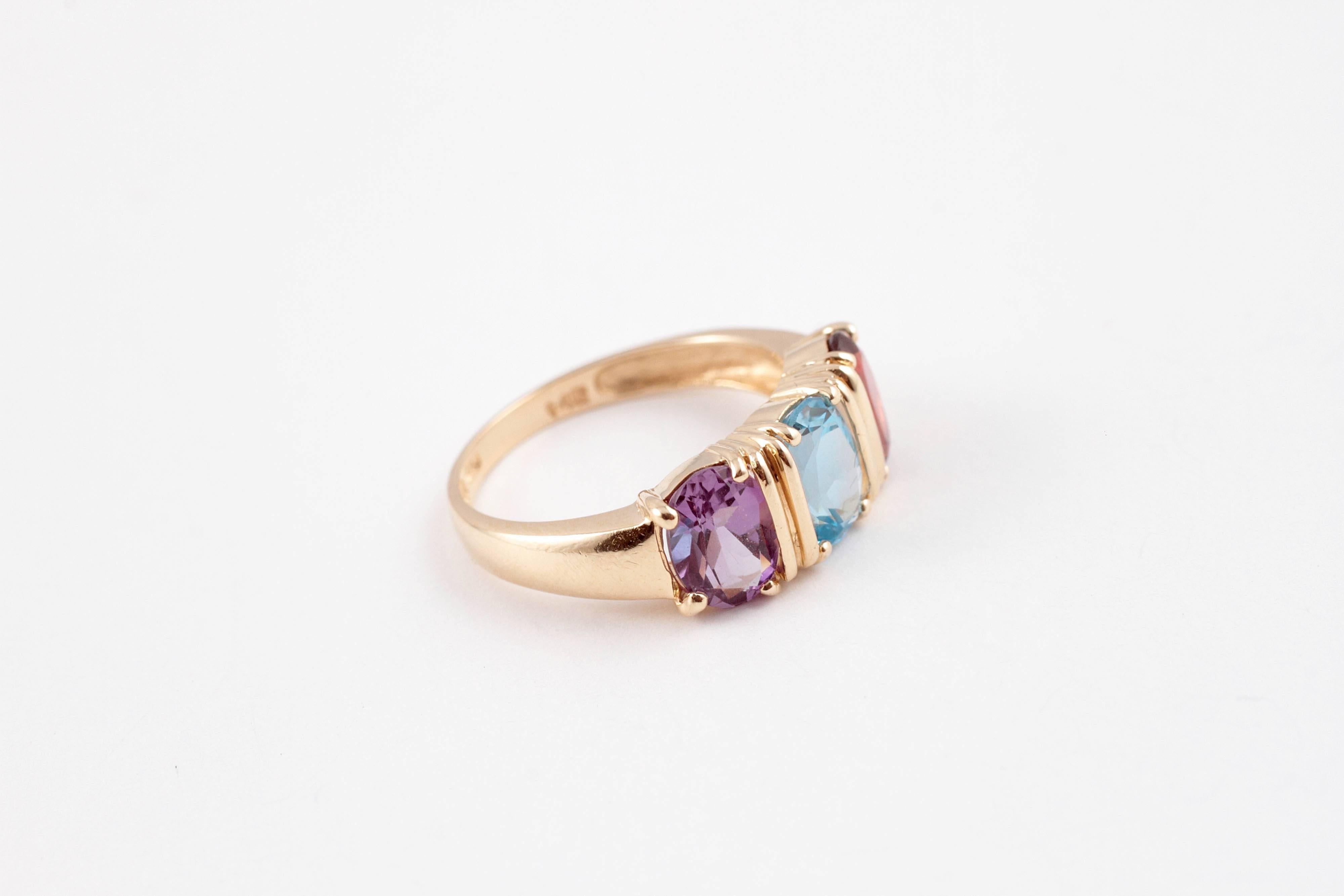 Amethyst Garnet Blue Topaz Yellow Gold Ring In Excellent Condition In Dallas, TX