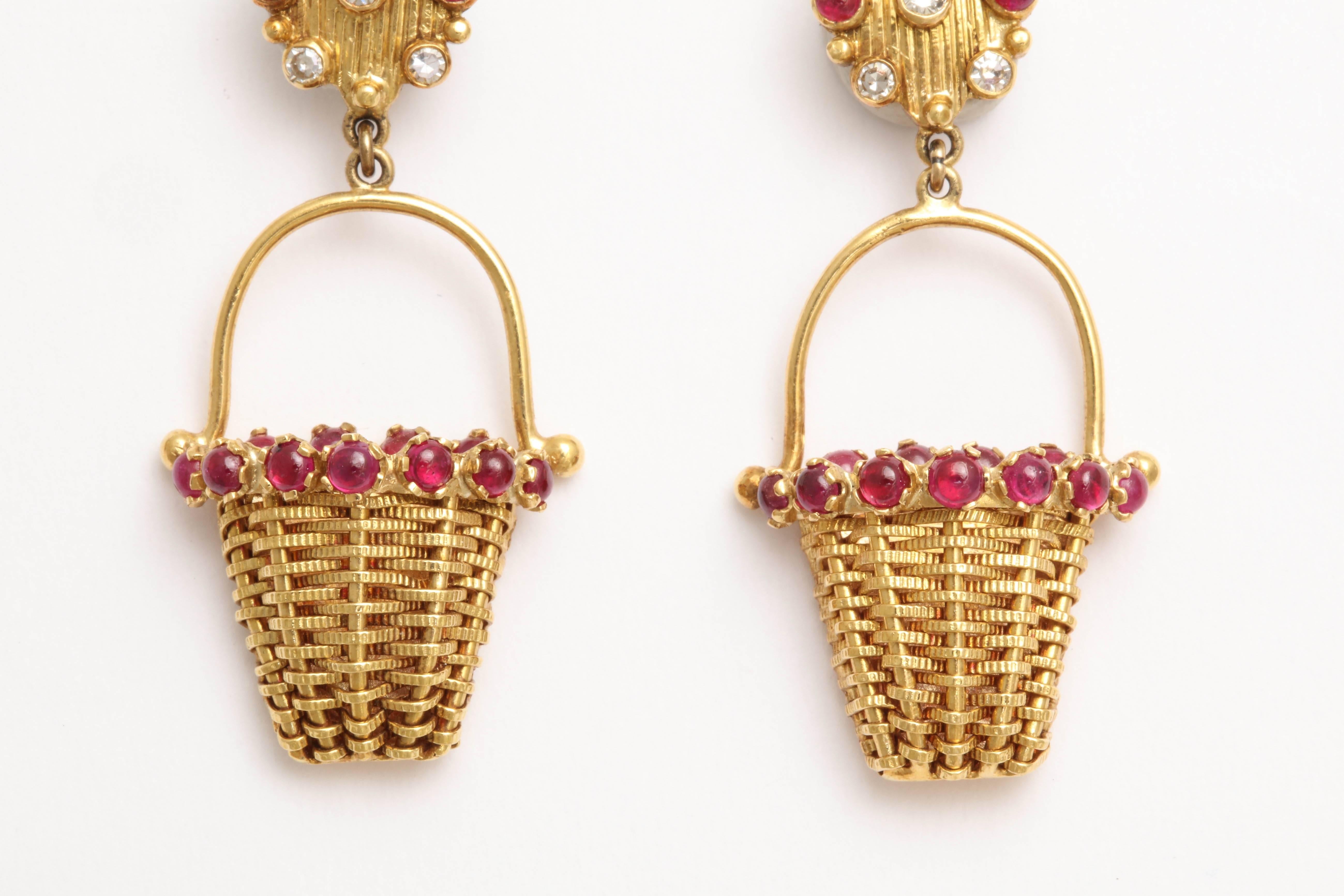 Artisan One of a Kind Gold and Ruby Earrings For Sale