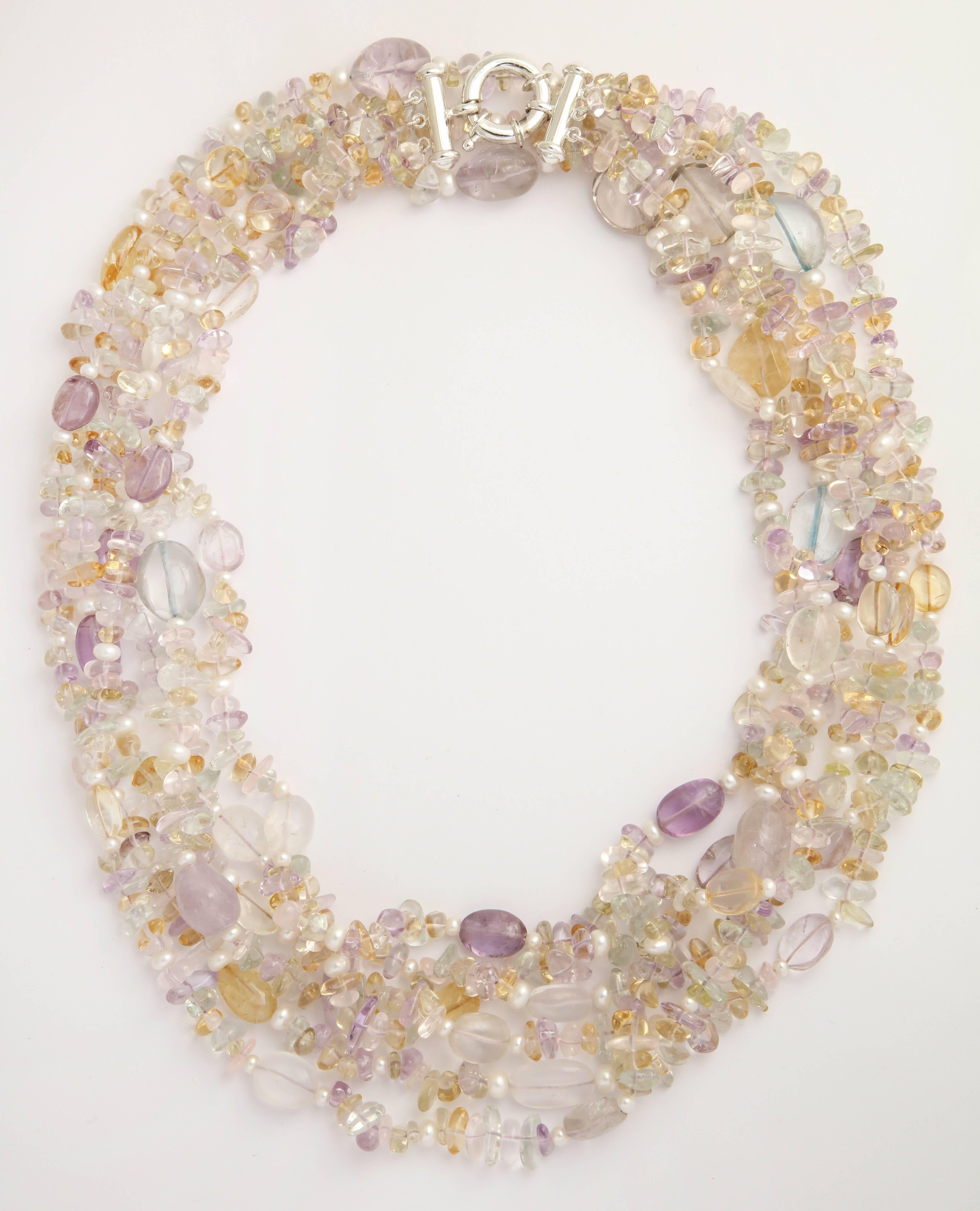 These are beautiful pastel amethyst, citrine, blue topaz. peridot  smooth baroque shaped beads and fresh water pearls. The necklace is comprised of 3 strand and is 48 in. long and can be worn doubled around the necklace. Great colors for any spring