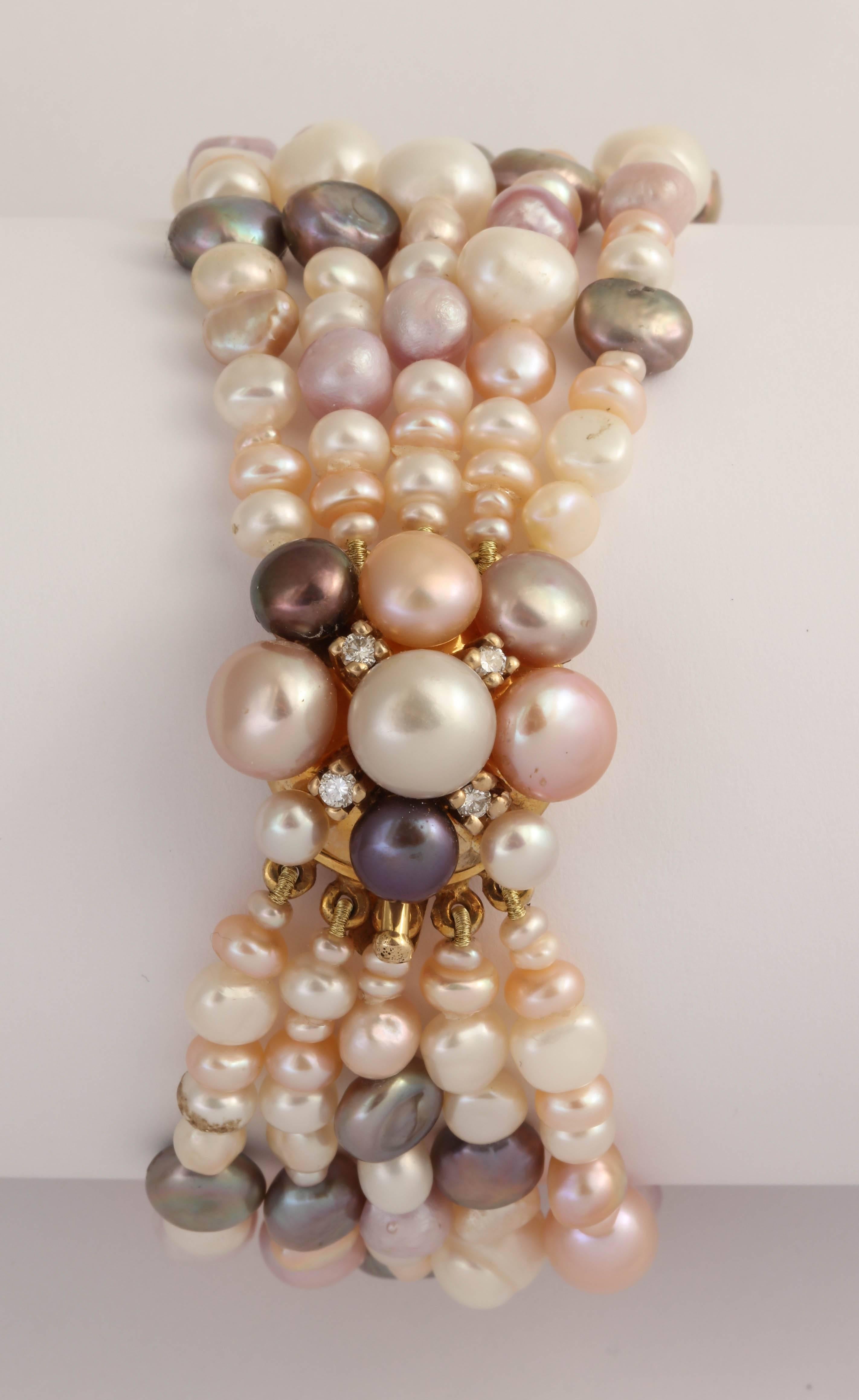 Luscious Pearl Diamond Gold Bracelet For Sale 3