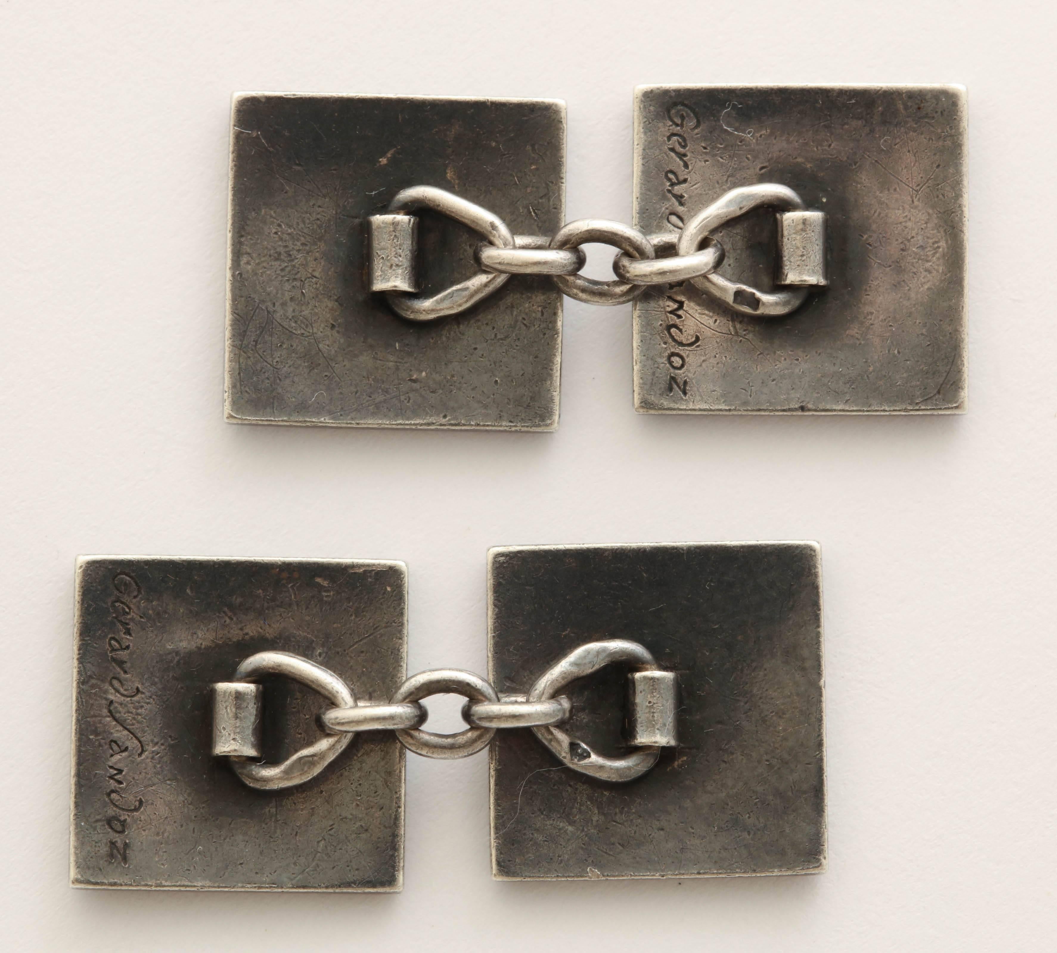 Gerard Sandoz French Art Deco Pair of Silver and Lacquer Cufflinks In Excellent Condition For Sale In New York, NY